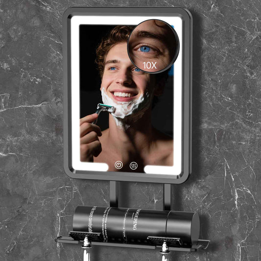 Shower Mirror Fogless for Shaving, LED Heated Rechargeable Fogless Mirror for Shower with Razor Holder &10X Magnification, 3 Color Lighting, Dimmable Touch Screen, Anti-Fog Shaving Mirror for Shower