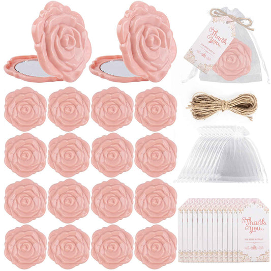 Framendino, 20 Set Rose Compact Mirror Bulk Wedding Party Favors Including Portable Mini Shape Mirrors Thank You Tag White Organza Bag and Jute Twine for Bridal Shower Souvenirs (Nude Pink)