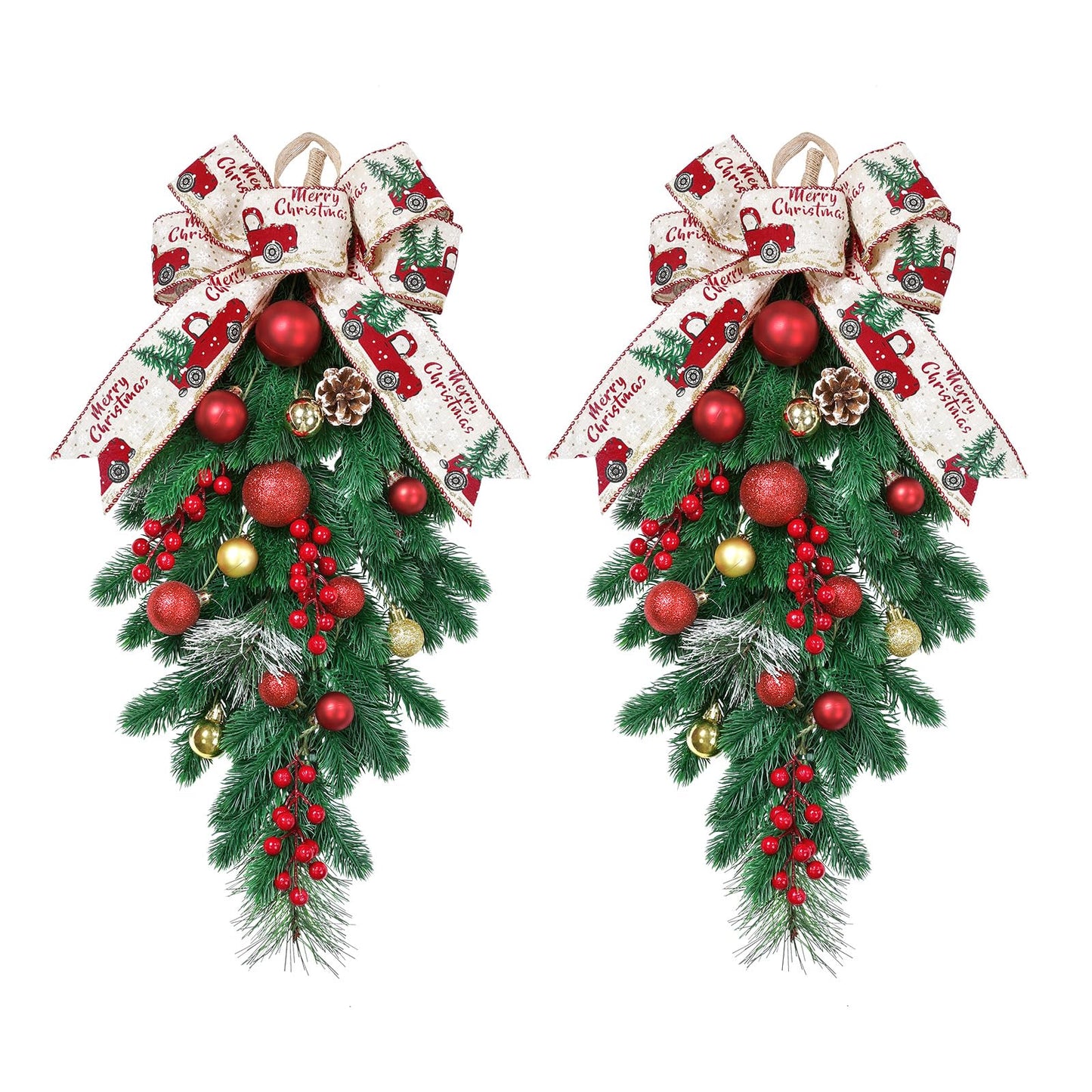 HiiARug 2Pack Artificial Christmas Swags, 24" Teardrop Christmas Decorative Swag with Berries, Pinecones, Winter Pine and Cypress Leaf Swag for Indoor Outdoor Window Wall Fireplace Holiday Xmas Decor