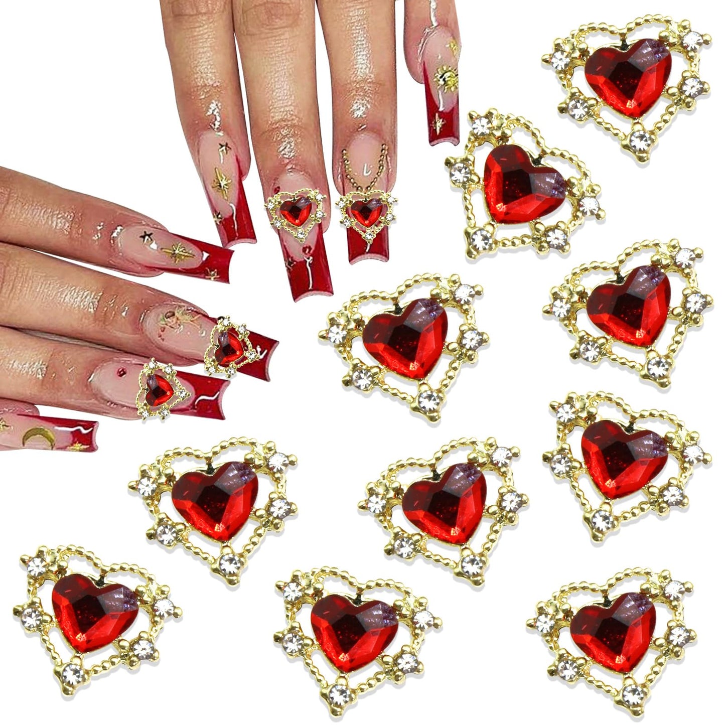 RODAKY Red Heart Nail Charms 10PCS 3D Heart Nail Rhinestones Gold Metal Alloy Nail Art Gems Jewelry for Valentines Manicure Nail Supplies Accessories DIY Crafts Design