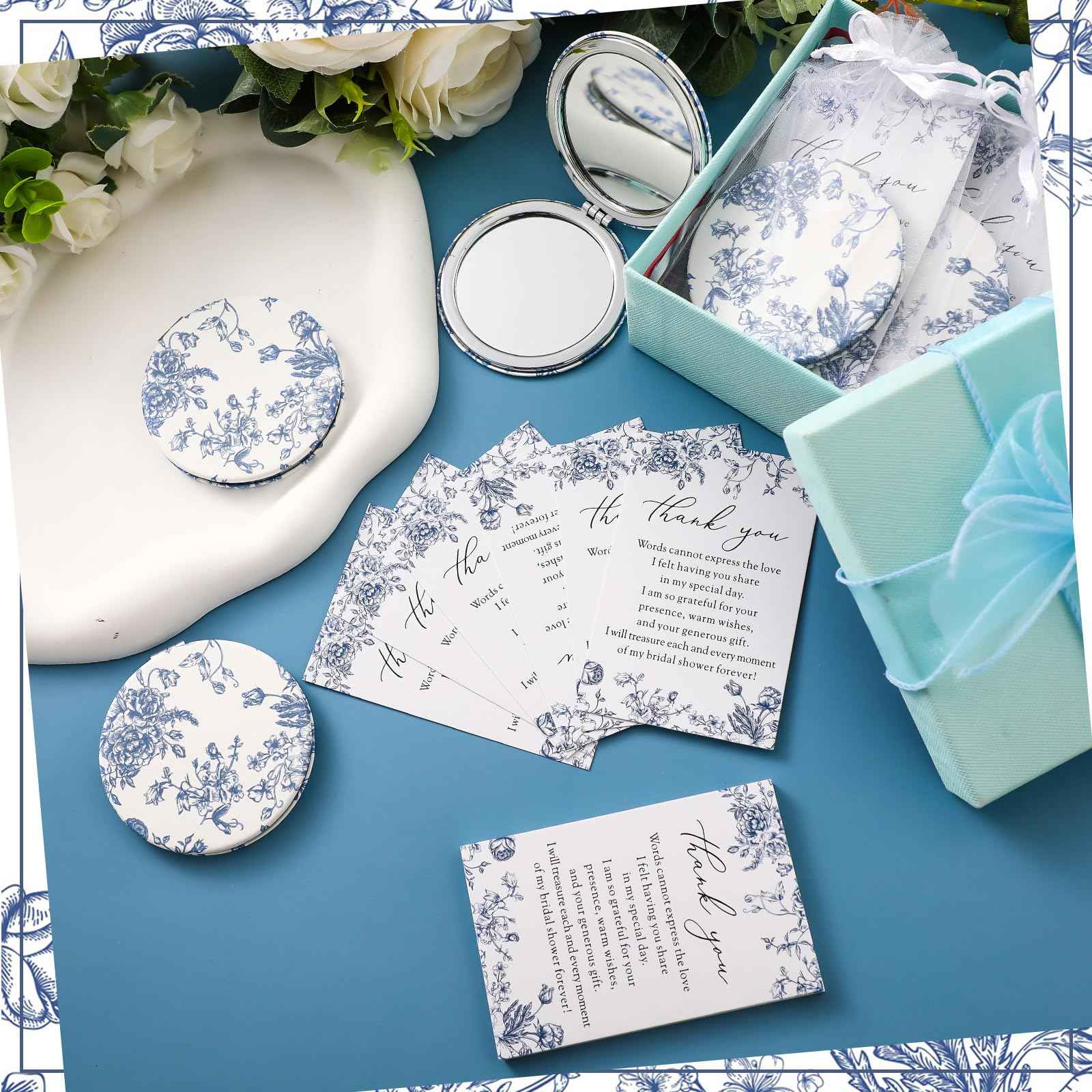 Yalikop 24 Sets Blue Floral Bridal Shower Favors for Guest Flower Folding Leather Compact Makeup Mirror Bulk Thank You Cards with Organza Bags for Bridesmaid Souvenir Gift Wedding Party