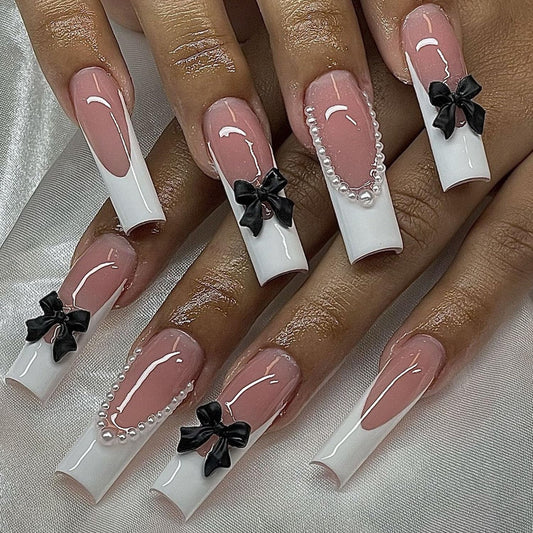 French Tip Press on Nails Long Fake Nails with Black Bow Designs Square Translucent Glue on Nails Glossy Pearl Acrylic Nails Cute & Luxury Nails Decoration for Women 24 Pcs