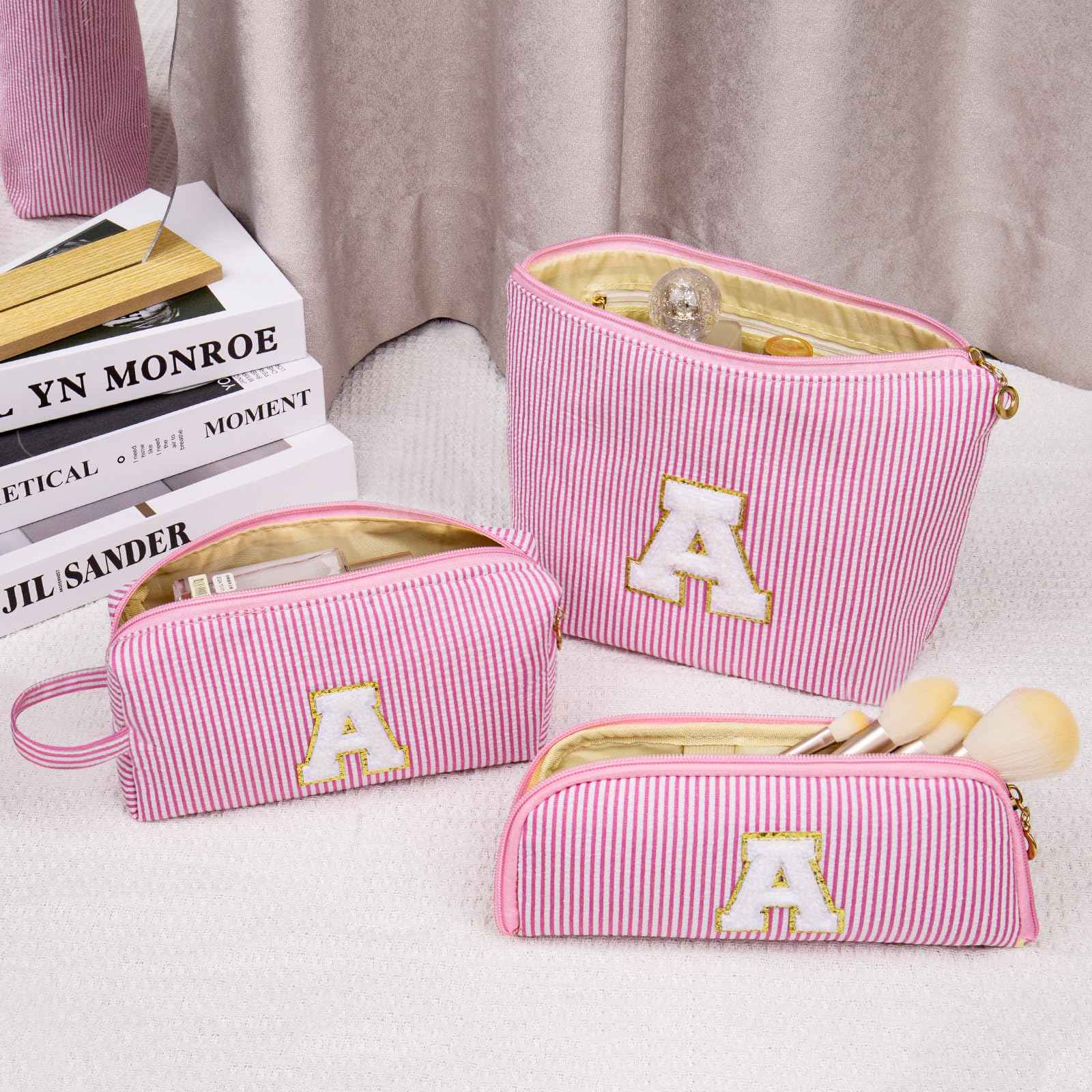 Junesters Initials Makeup Bag Set, Personalized Blue Cosmetic Bag, Cute Large Make up Bags, Travel Toiletry Bag for Women Girl Gifts E (Blue)