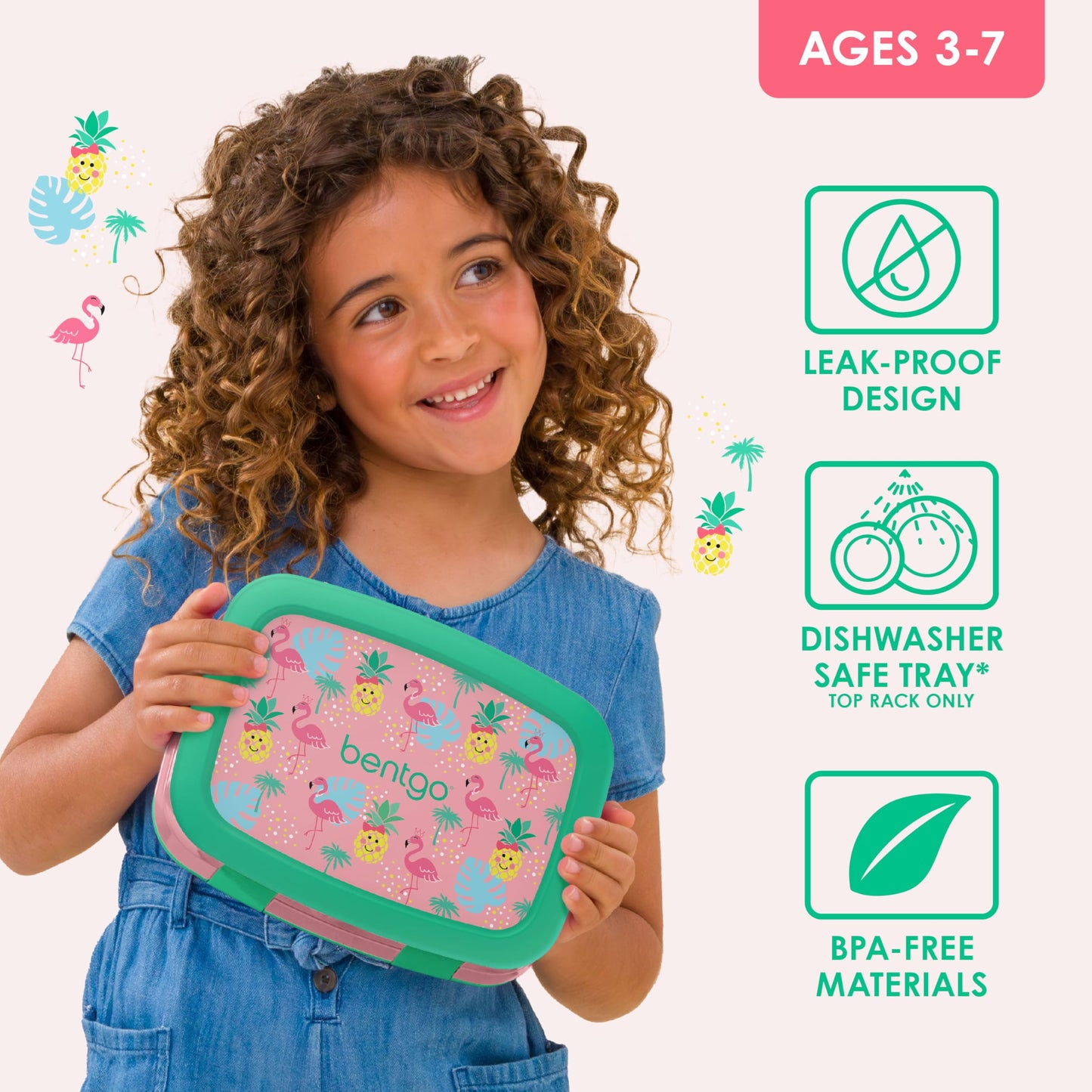 Bentgo Kids Prints Leak-Proof, 5-Compartment Bento-Style Kids Lunch Box - Ideal Portion Sizes for Ages 3-7, Durable, Drop-Proof, Dishwasher Safe, & Made with BPA-Free Materials (Tropical)