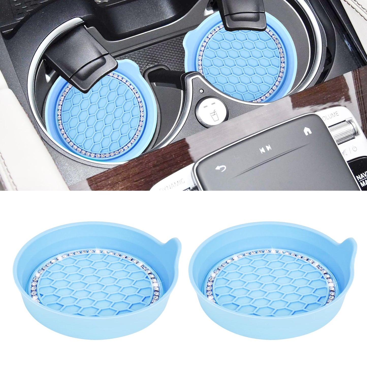 Amooca Car Cup Coaster Universal Non-Slip Cup Holders Bling Crystal Rhinestone Car Interior Accessories 2 Pack Light Blue