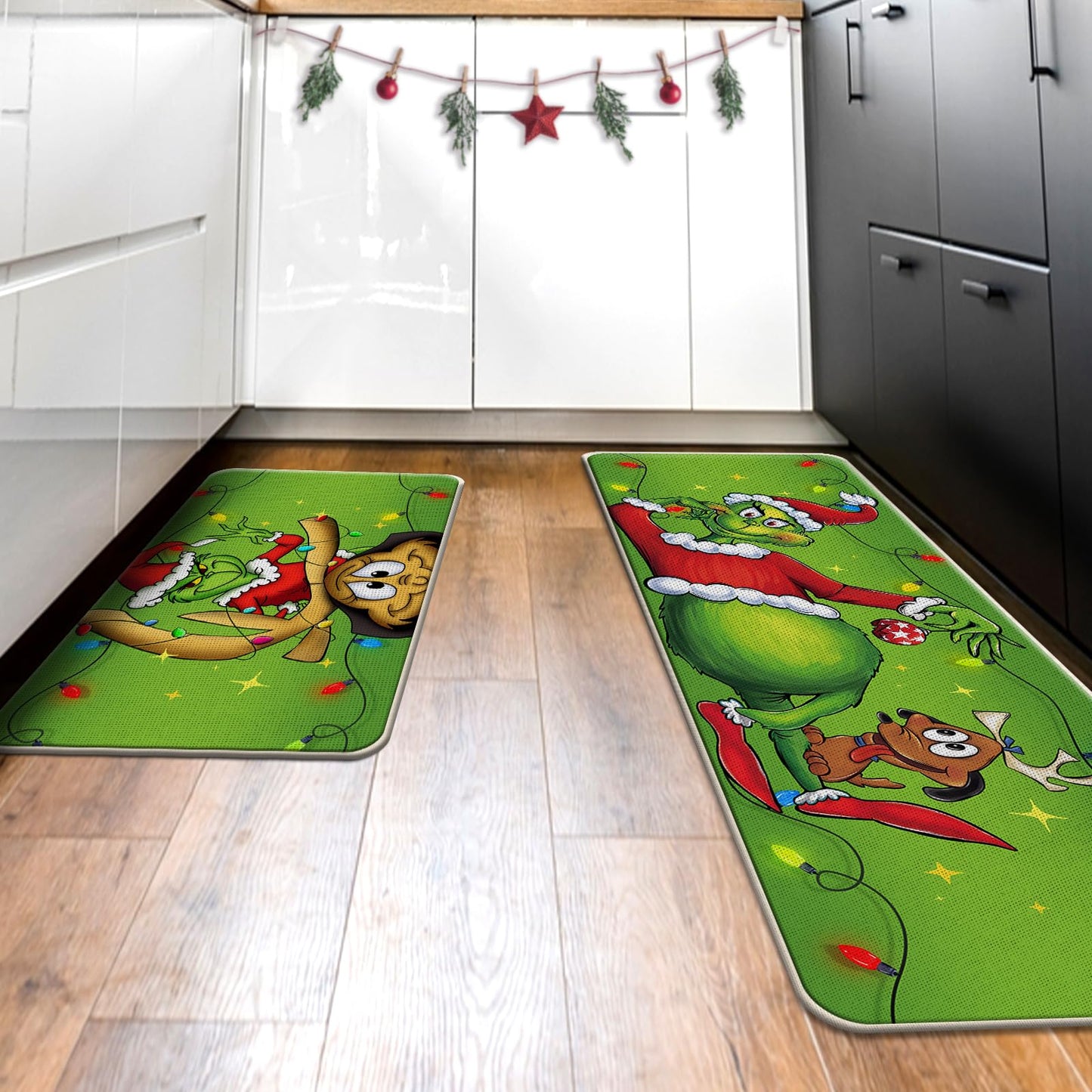 Tailus Christmas Kitchen Rugs Set of 2, Green Xmas Max Dog Kitchen Mats Decor, Funny Holiday Floor Door Mat Home Decorations -17x29 and 17x47 Inch