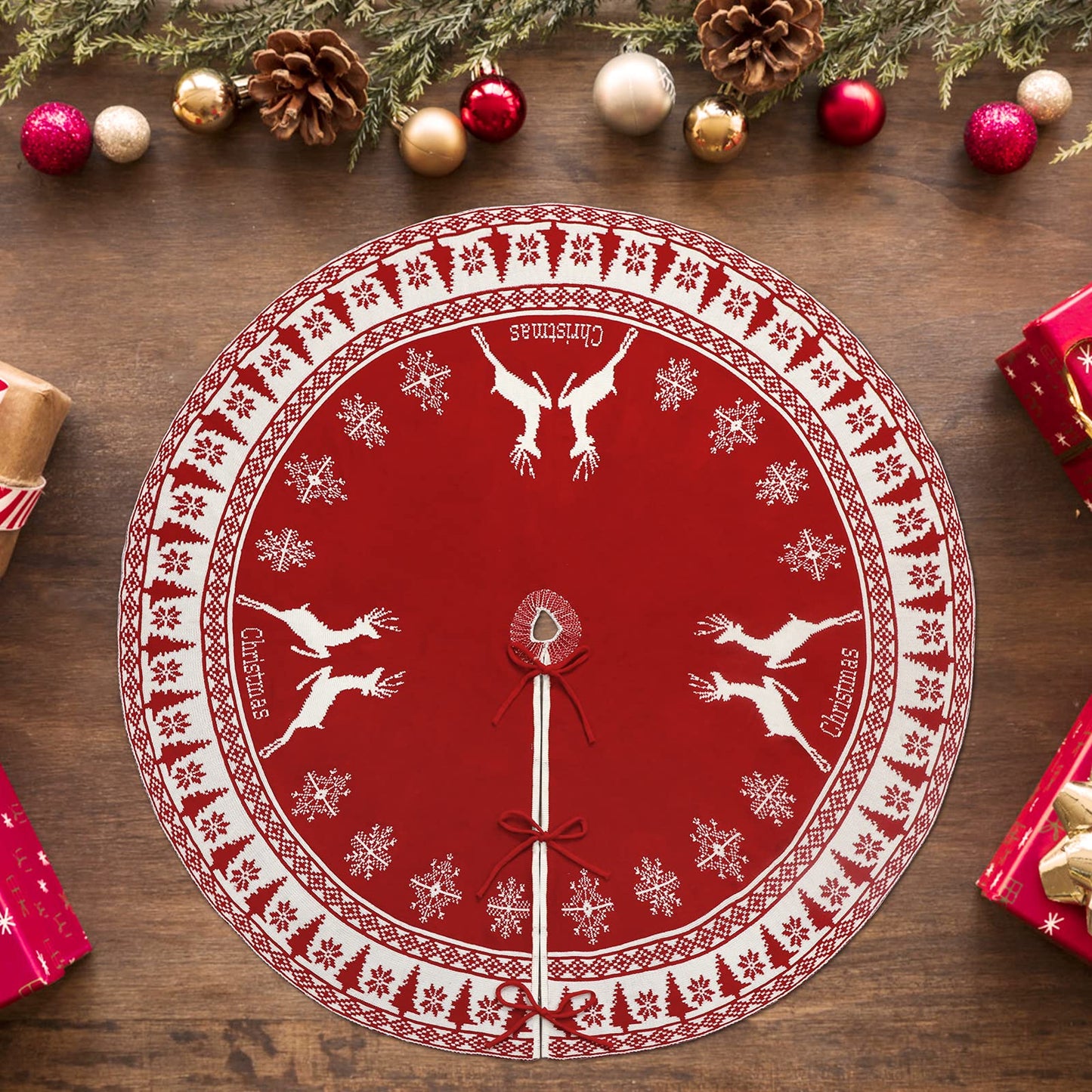 OurWarm Christmas Tree Skirt 48 Inches, Knit Tree Skirt with Snowflake & Reindeer, Red and White Double-Sided Rustic Xmas Tree Skirt Christmas Decorations for Party Indoor Christmas Tree Decoration