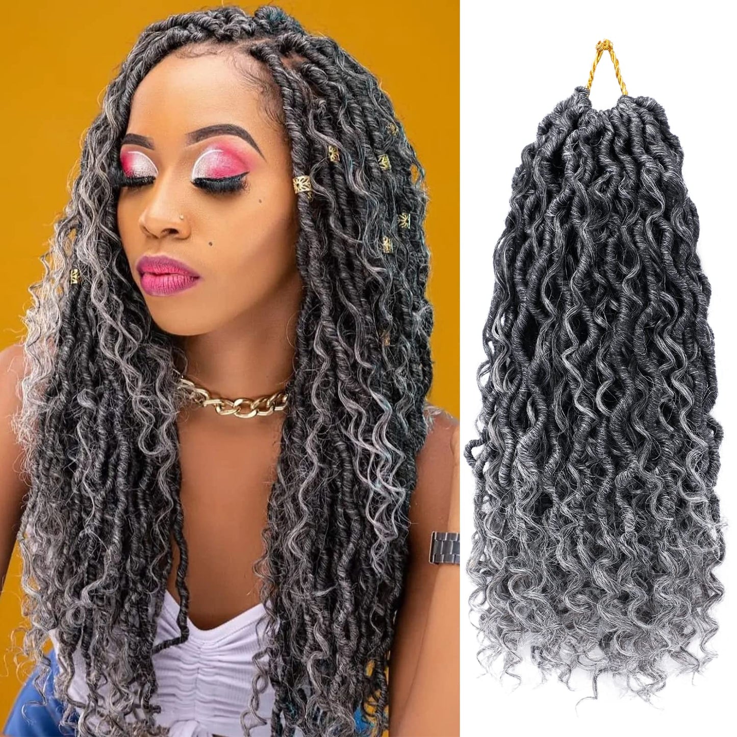 Goddess Locs Crochet Hair 14 Inch 7 Packs Ombre Grey Boho Faux Locs Crochet Hair for Black Women Pre Looped Crochet Locs with Curly Ends (1B/Gray)