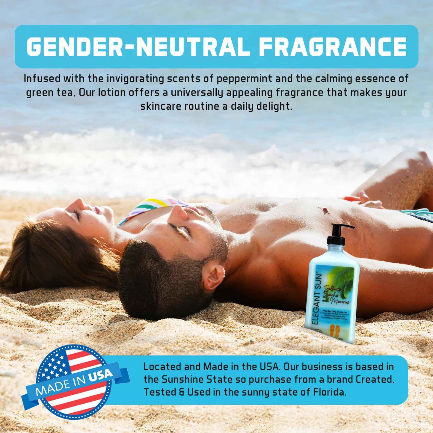 Saltwater Beaches Tan Extender, After Sun Lotion or Tanning Bed Moisturizer, Aloe Vera Base, Hypoallergenic, Sensitive Skin Care Lotion for Men or Women, Unisex Fresh Scent, Elegant Sun