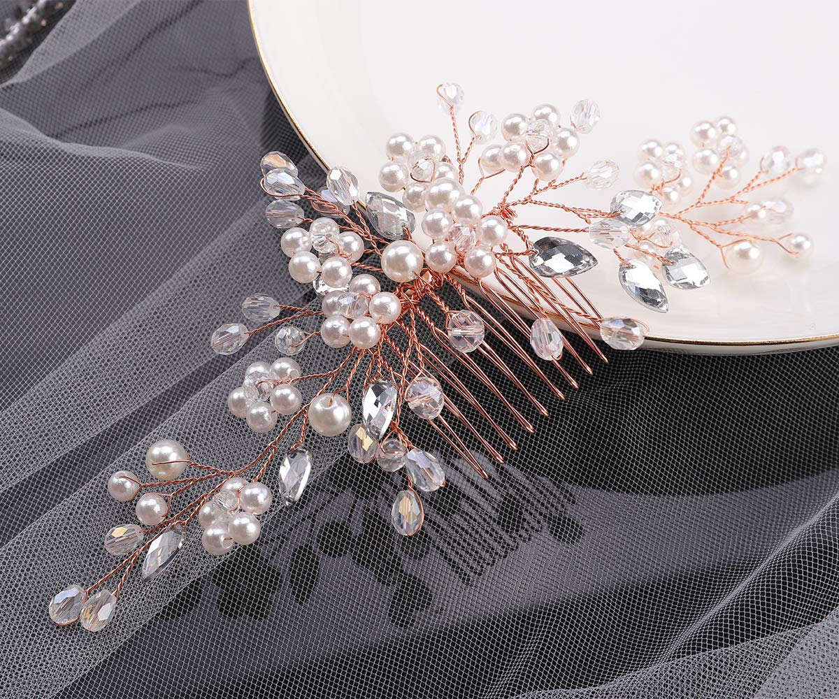 Anglacesmade Bridal Hair Comb Crystal and Pearl Wedding Comb Hair Vine Branch Wedding Hair Accessories for Women and Girls (Rose gold)