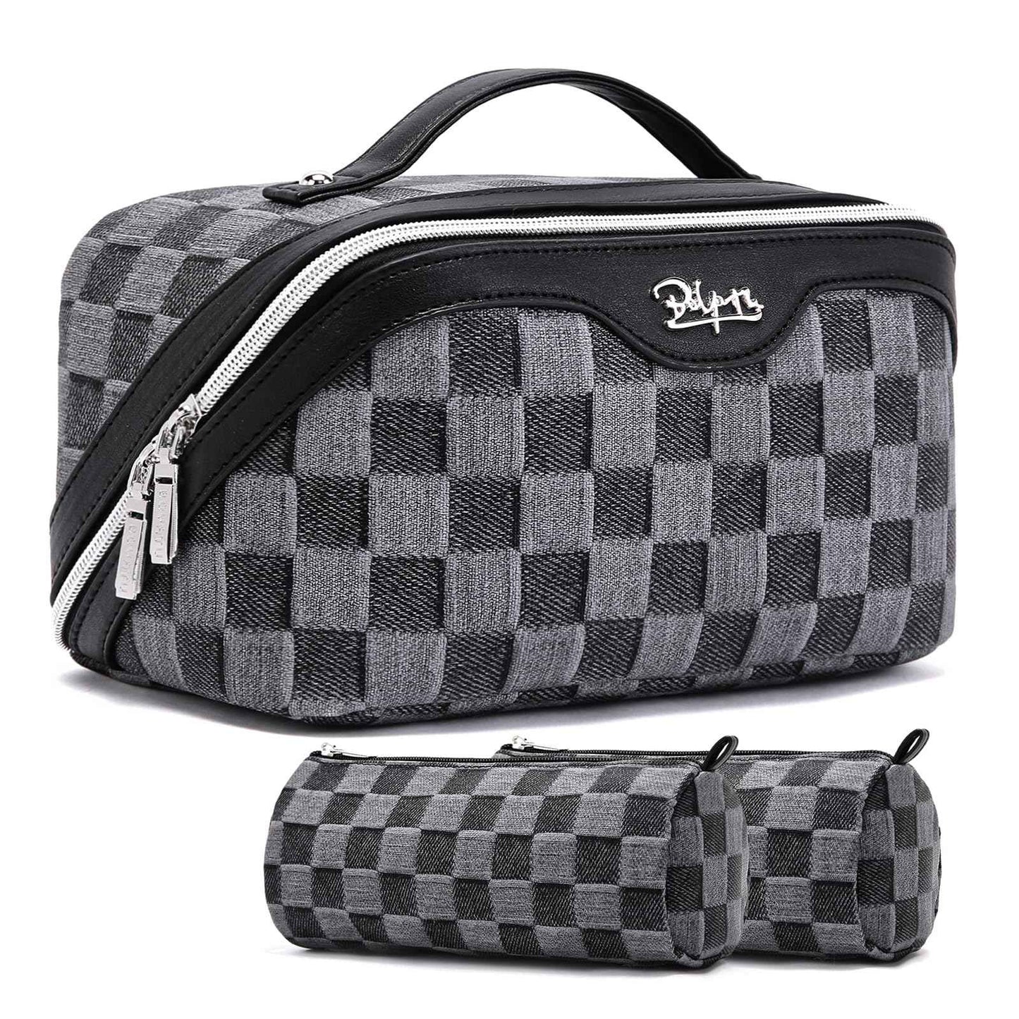 BOYATU Travel Makeup Bag for Women: Large Cosmetic Bag Set of 3 - PU Leather Make up Bag with Compartments - Compact Waterproof Toiletry Bag with Divider & Handle (D-2-Black)