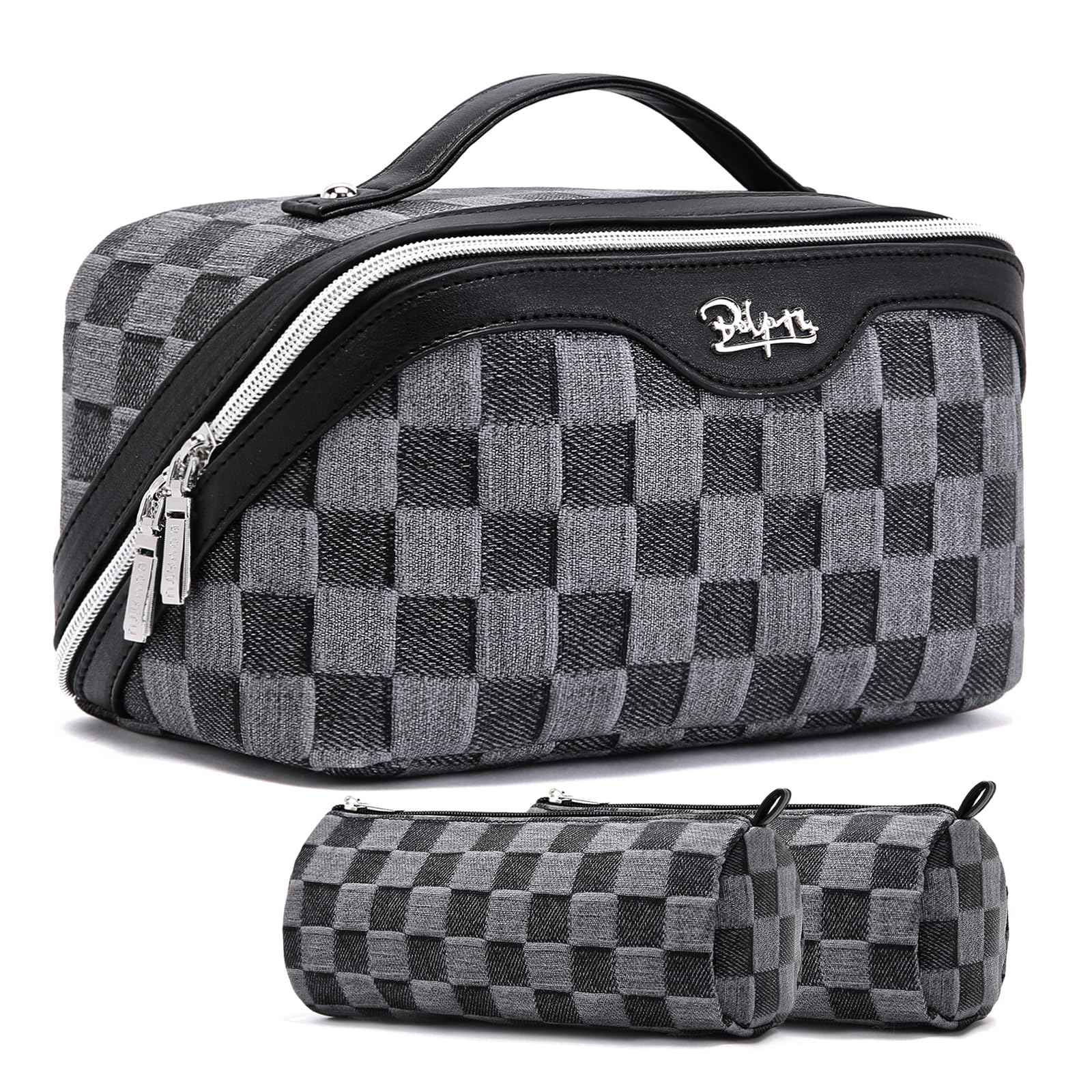 BOYATU Travel Makeup Bag for Women: Large Cosmetic Bag Set of 3 - PU Leather Make up Bag with Compartments - Compact Waterproof Toiletry Bag with Divider & Handle (D-2-Black)