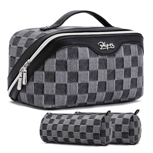 BOYATU Travel Makeup Bag for Women: Large Cosmetic Bag Set of 3 - PU Leather Make up Bag with Compartments - Compact Waterproof Toiletry Bag with Divider & Handle (D-2-Black)