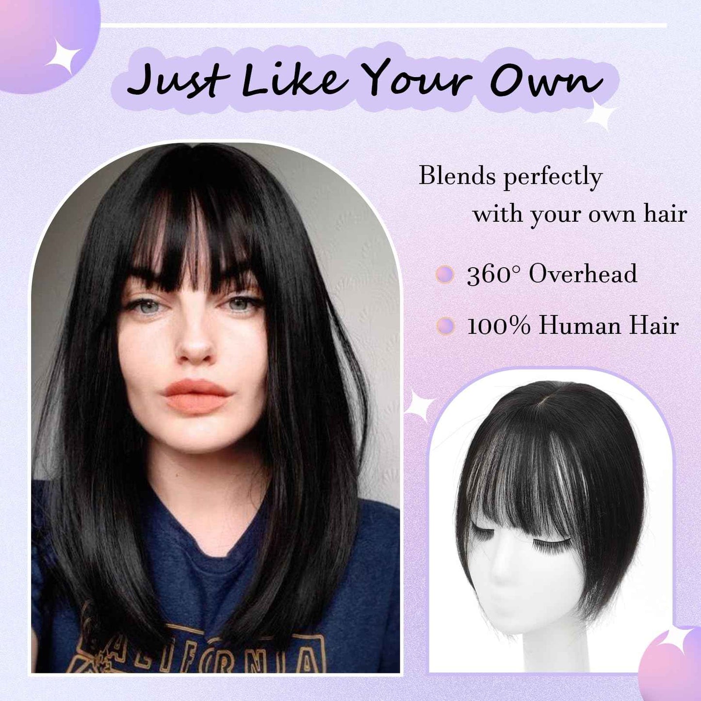 Hair Toppers for Women Real Human Hair， 360° 3D Cover Hair Topper Clip in Bangs 10 Inch Realistic Scalp Pieces for Women with Thinning Crown (Black, Wispy Bangs)