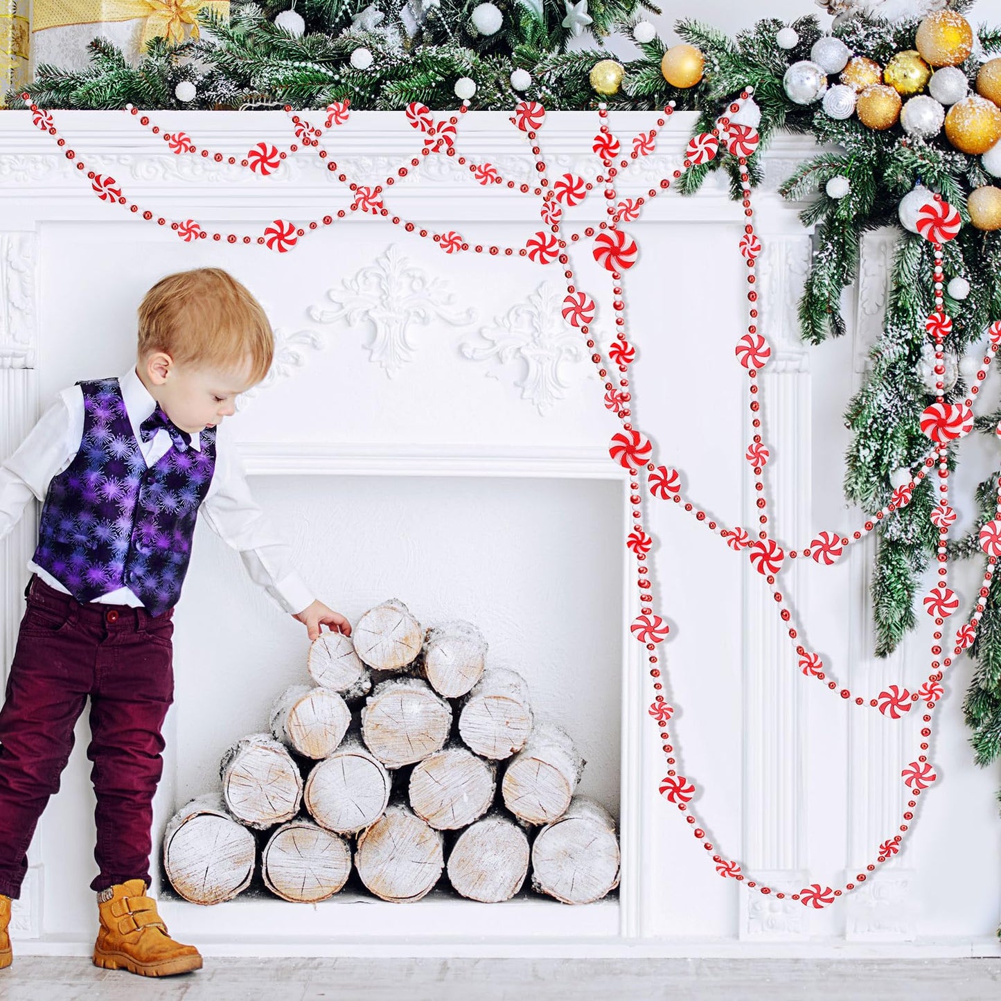 Tigeen 36 ft Christmas Tree Candy Garland, Candy Beaded Garland Plastic Red and White Bead Garland Candy Round Decor for Christmas Tree Xmas Home Fireplace Christmas Party Decoration