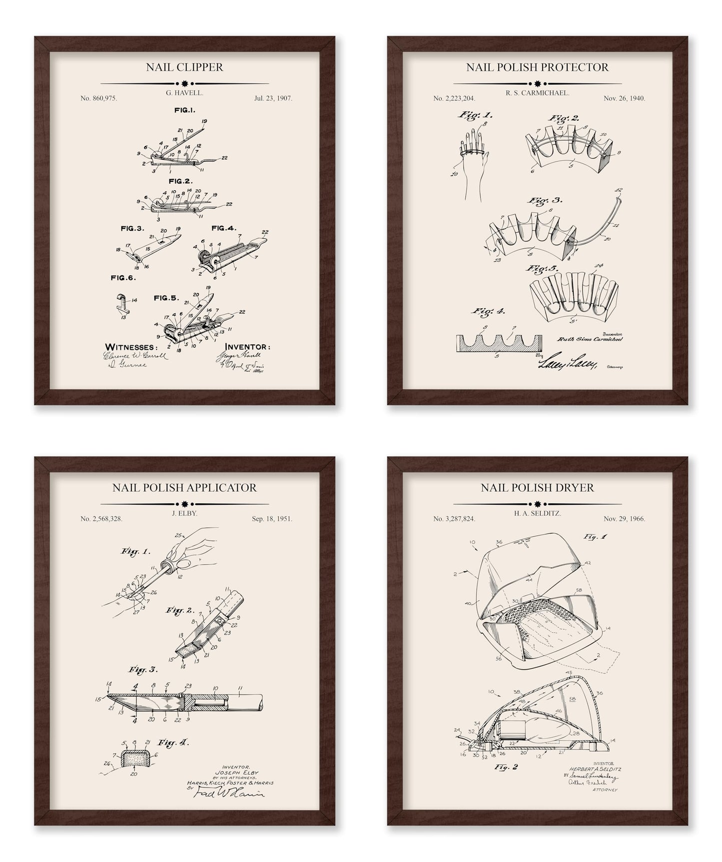 Poster Master 4-Piece Nail Clipper Blueprint Poster - Nail Polish Protector Patent Print - Polish Applicator Art - Dryer Art - Salon Art - Technical Drawing Art - Salon Decor, 8x10 Brown Framed