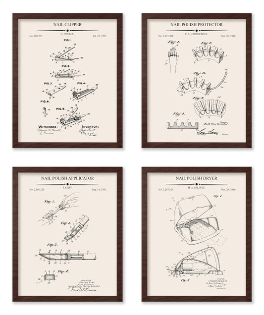 Poster Master 4-Piece Nail Clipper Blueprint Poster - Nail Polish Protector Patent Print - Polish Applicator Art - Dryer Art - Salon Art - Technical Drawing Art - Salon Decor, 8x10 Brown Framed