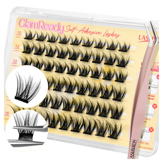 LASHVIEW Self Adhesive Lash Clusters Eyelashes,Press-on Lashes 10-16mm Individual Lash Extension Kit with Lash Tweezers,No Glue Needed Natural Self Adhesive DIY Eyelash Extension Kit 60pcs (A05)