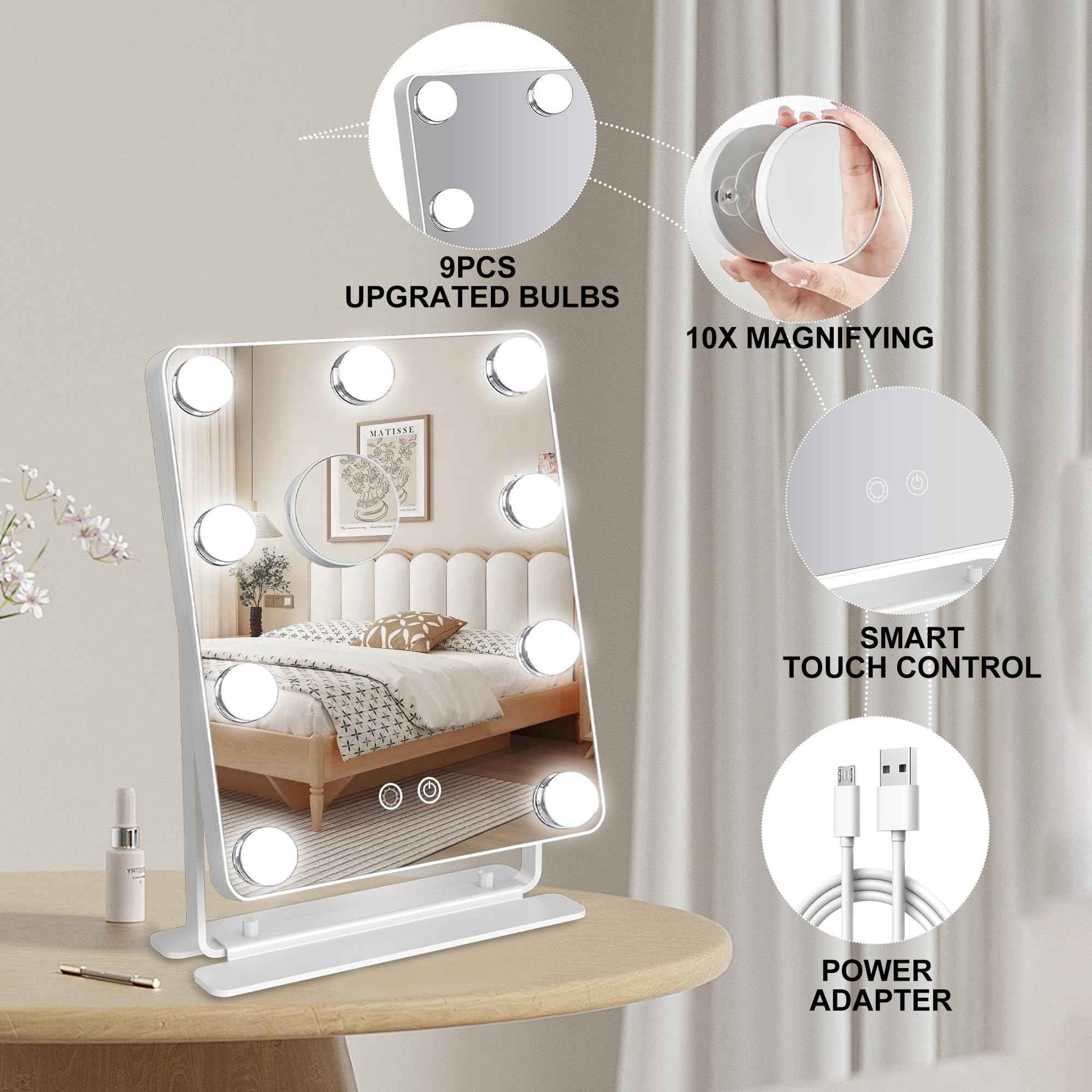 TUSHENGTU Hollywood Vanity Mirror with Lights 9" x 11", Lighted Makeup Mirror with 10X Magnification & 9 LED Bulbs Dimmable, 3 Colors Modes, Touch Control, Plug in Vanity Mirror with Lights, White