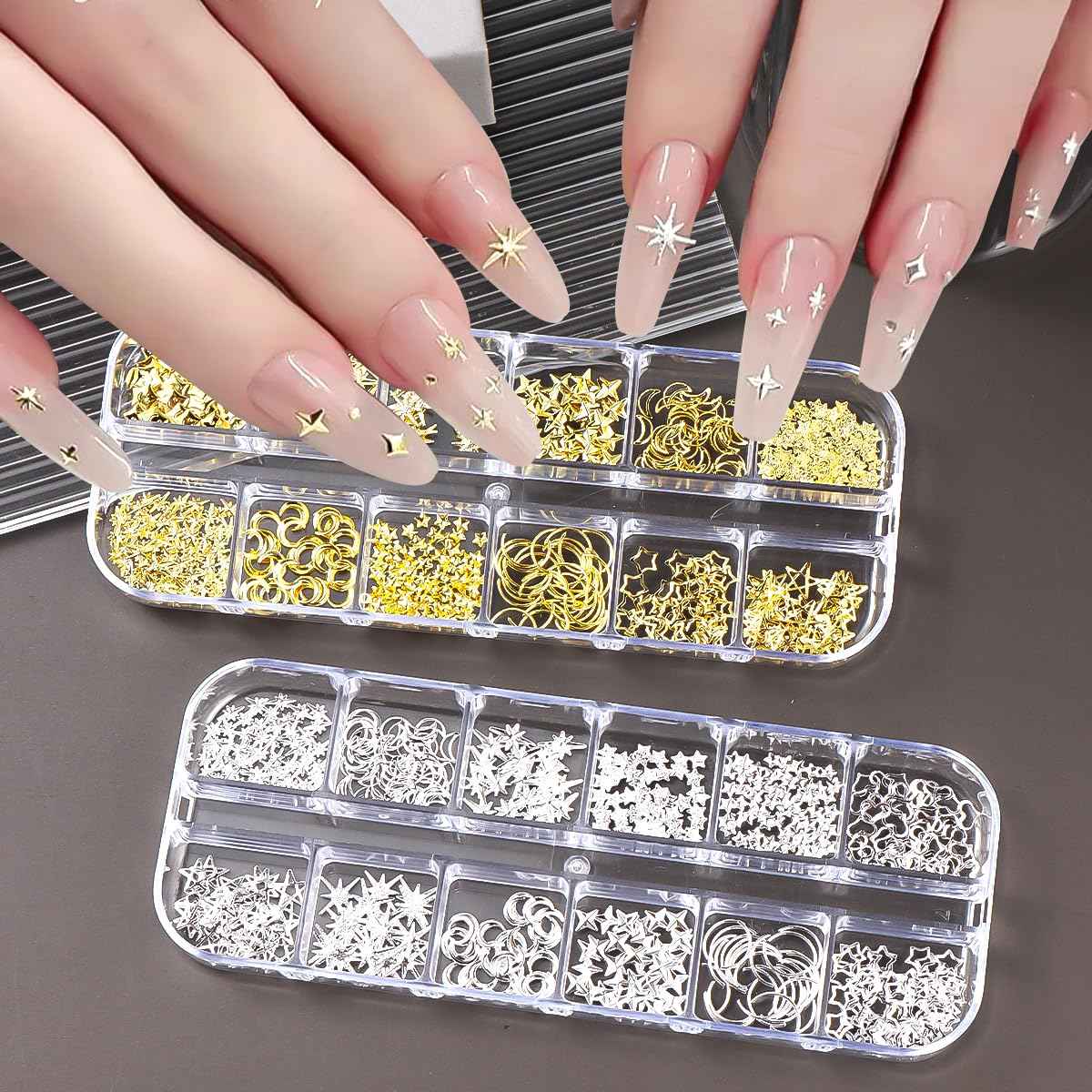 Star Moon Nail Charms for Nails Art 3D Gold Silver Starlight Cross Star Nail Rivet Studs Decoration Alloy Metallic Stars Accessories and Sugar Glitter Powder for Nails Manicure Craft DIY