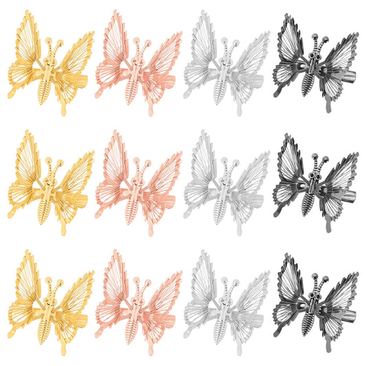 DEEKA 12 PCS Moving Butterfly Clips 3D Metal Gold Silver Black Moving Wings Butterfly Hair Accessories 90s Hair Clips Barrette for Women and Girls -4 Color