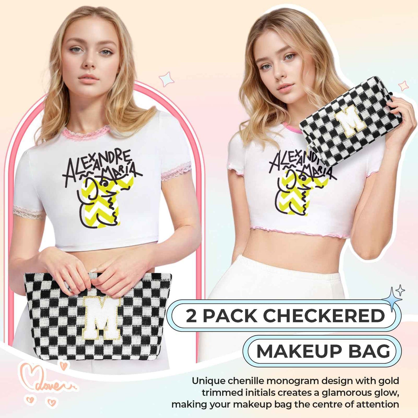 Silongder 2PCS Checkered Makeup Bag for Women Personalized Initial Letter Makeup Bag Travel Toiletry Bag Organizer Cute Makeup Brushes Storage Bag Mother's Day Birthday Gift for Women (Black S)