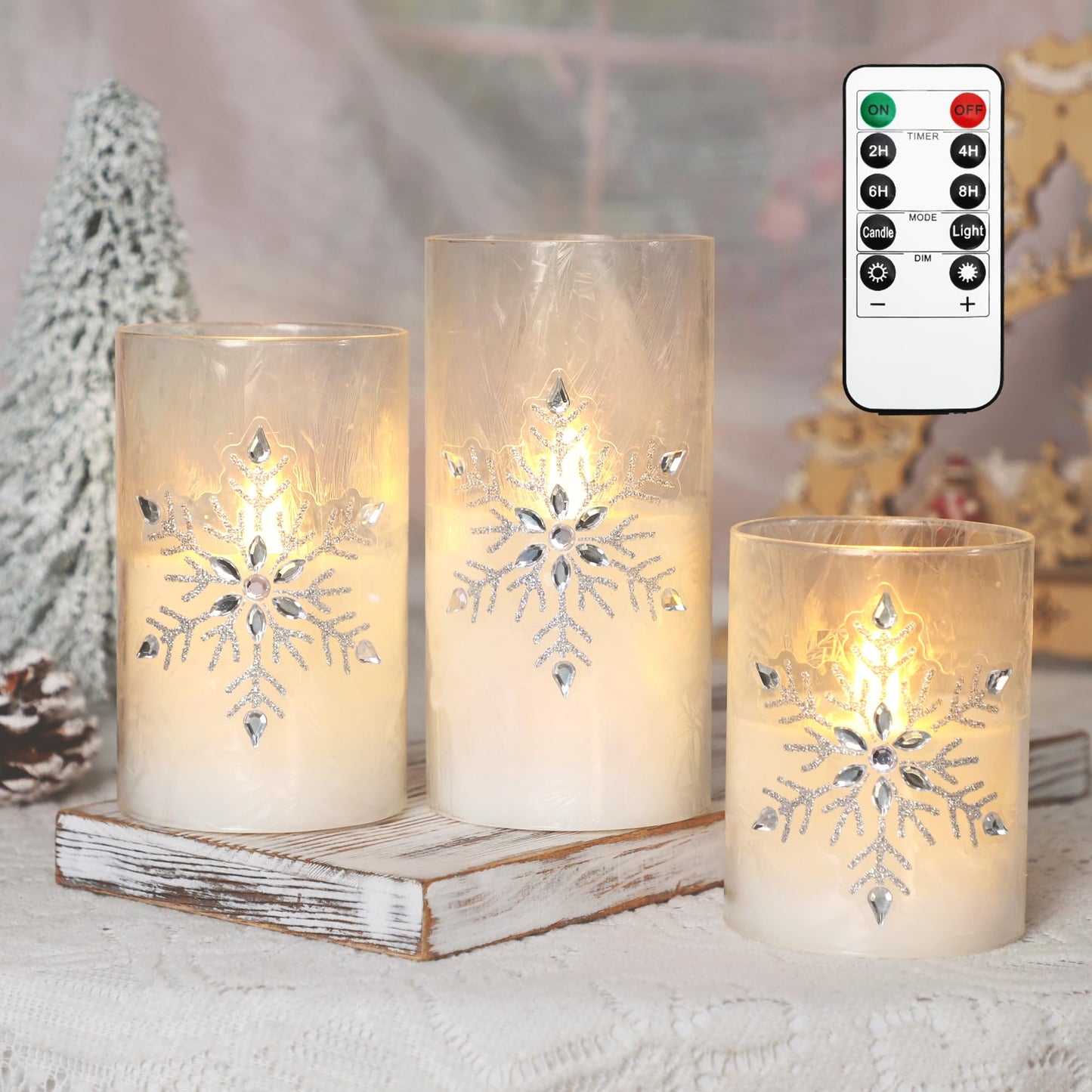 MELTONE Christmas Snowflake LED Candles Real Wax Flickering Glass Flameless Candles with Remote - Home Bedroom Party Holiday Decorations - Set of 3