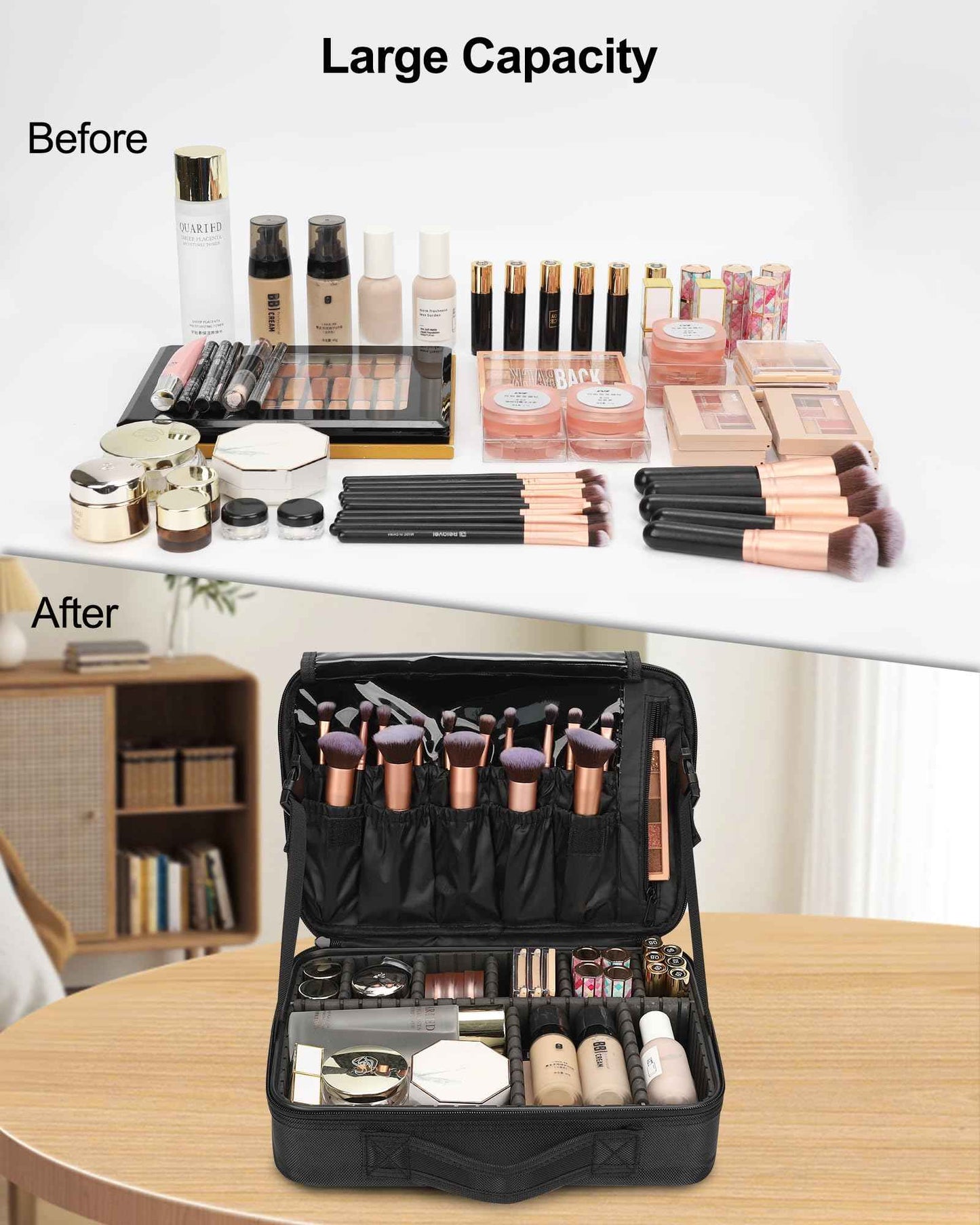 Relavel Travel Makeup Train Case Makeup Cosmetic Case Organizer Portable Artist Storage Bag with Adjustable Dividers for Cosmetics Makeup Brushes Toiletry (medium black)
