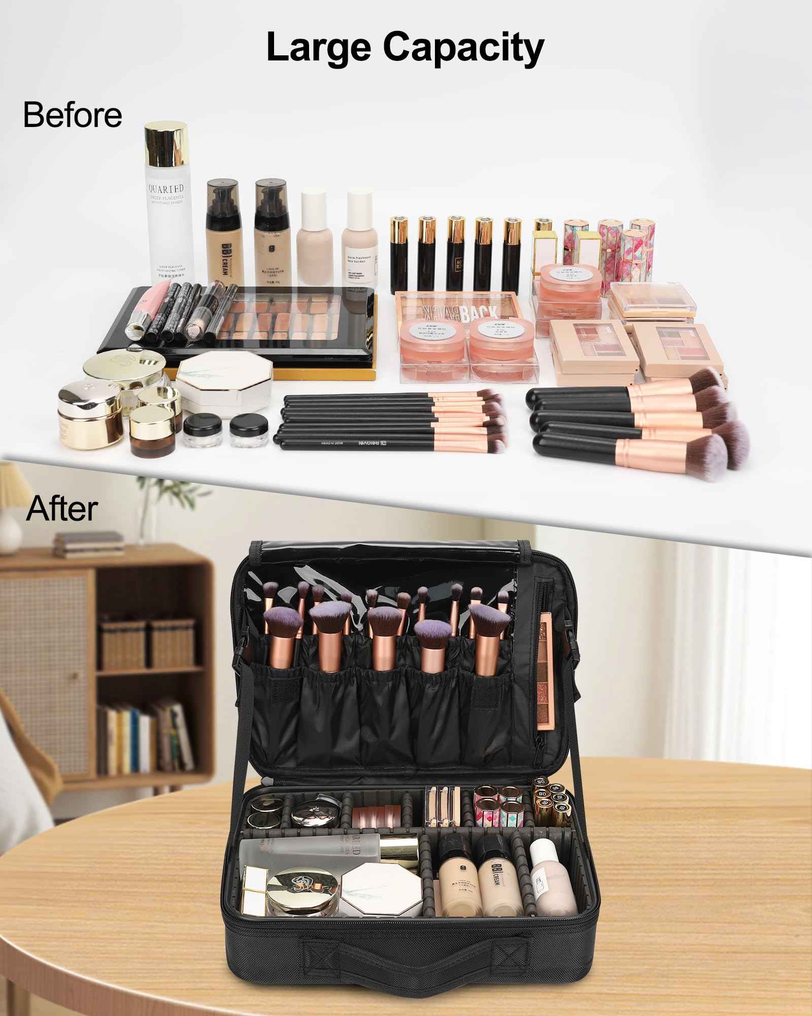 Relavel Travel Makeup Train Case Makeup Cosmetic Case Organizer Portable Artist Storage Bag with Adjustable Dividers for Cosmetics Makeup Brushes Toiletry (medium black)