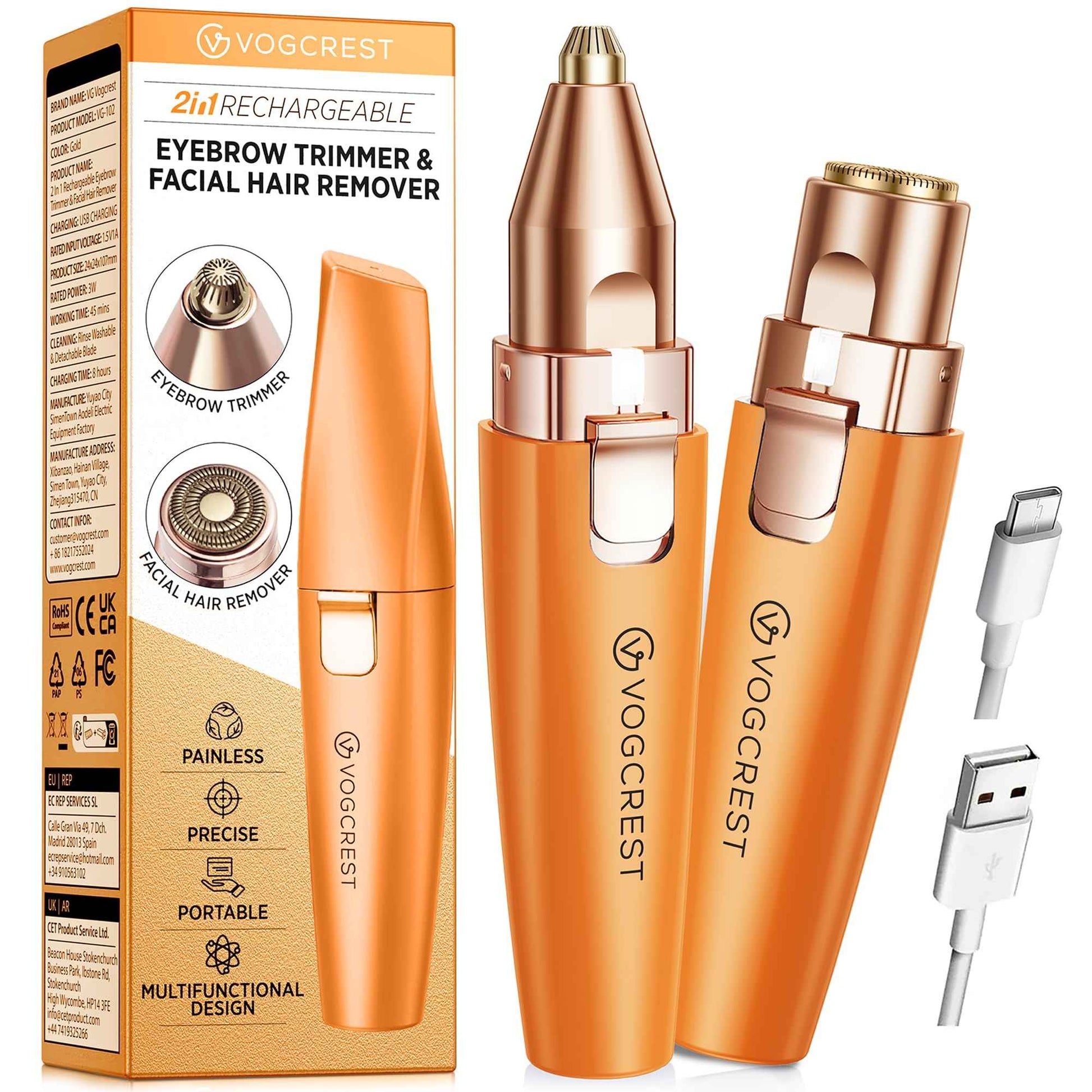 VG VOGCREST Eyebrow Facial Trimmer: 2 in1 Rechargeable Facial Hair Removal and Eyebrow Shaver - Face Lips Body Painless Facial Razor with Built-in LED Light (Orange)