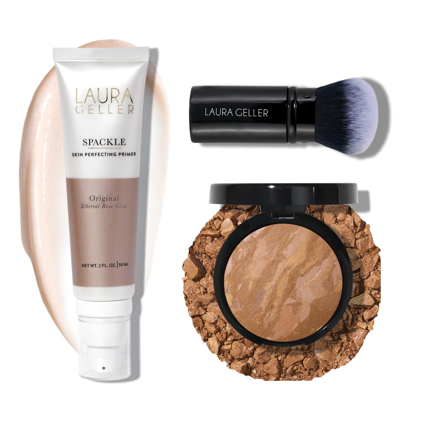 LAURA GELLER NEW YORK Baked Balance-n-Brighten Powder Foundation - Sand + Spackle Super-Size Skin Perfecting Makeup Primer - Ethereal Rose Glow + Retractable Airbrush Kabuki Brush