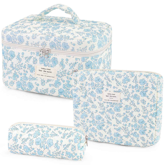 Givurao 3Pcs Cotton Quilted Makeup Bag for Women Girls, Large Floral Cosmetic Bag Set Cute Makeup Brushes Aesthetic Accessories Storage Bag Travel Toiletry Bag Organizer, Little Flower Blue