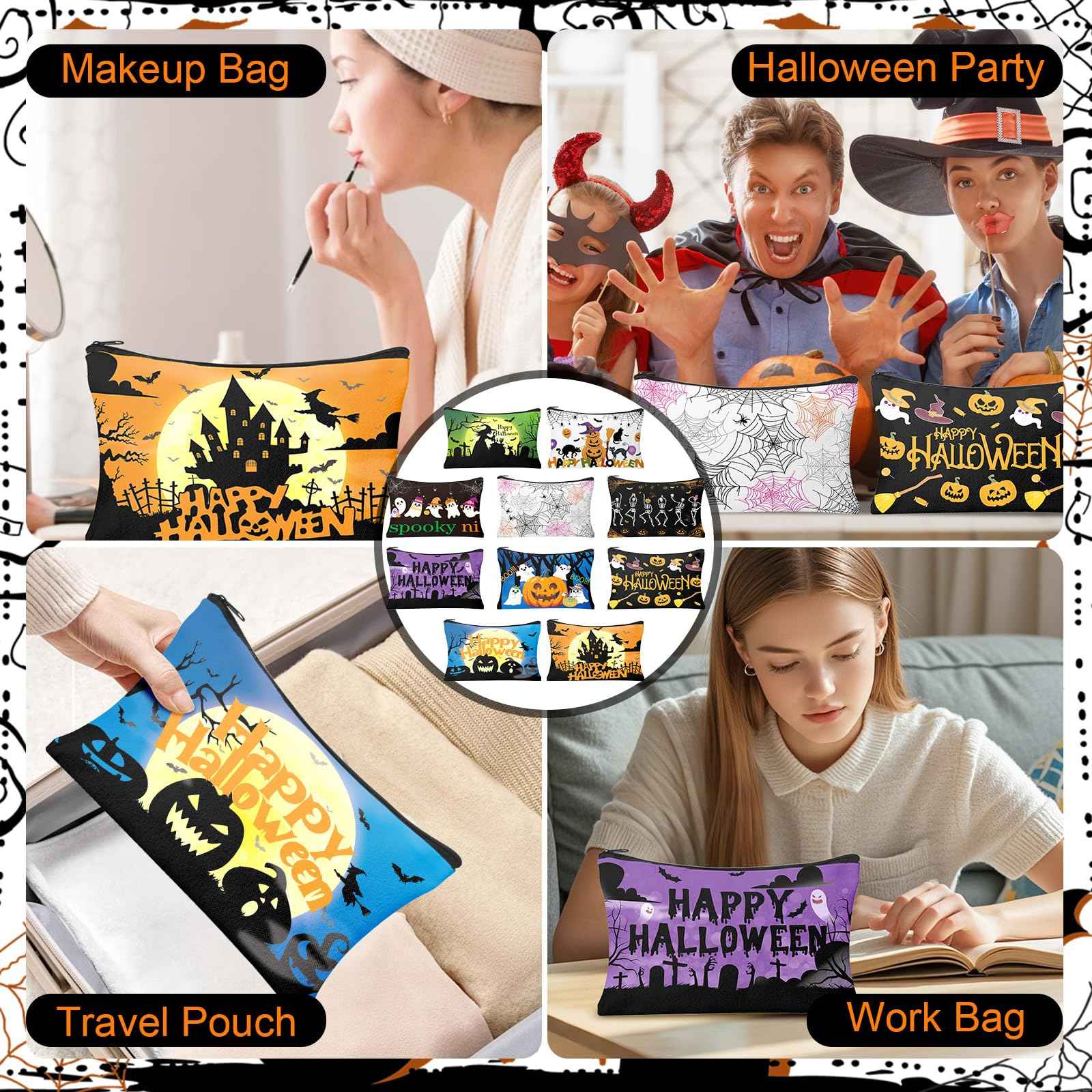 HSDSH 30Pcs Halloween Makeup Bag Cute Halloween Cosmetic Bag with Zipper Pumpkin Travel Toiletry Pouch Bag Organizer Halloween Party Gifts Supplies for Women