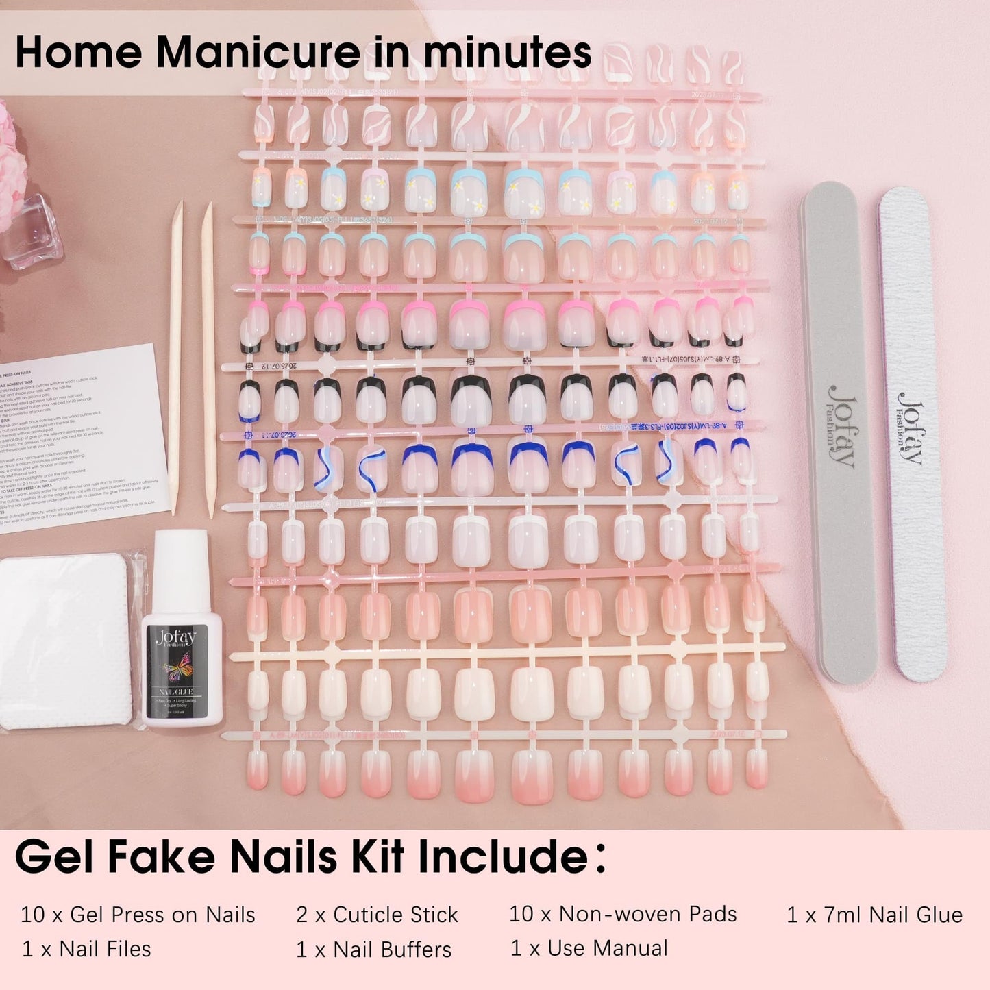 10Packs (240PCS) Short Press On Nails Kit, Square Acrylic French Fake Nails with Glue, Cute | Natural Fit, Artificial Stick on False nails,No Need to File Finger Nail Art for Women