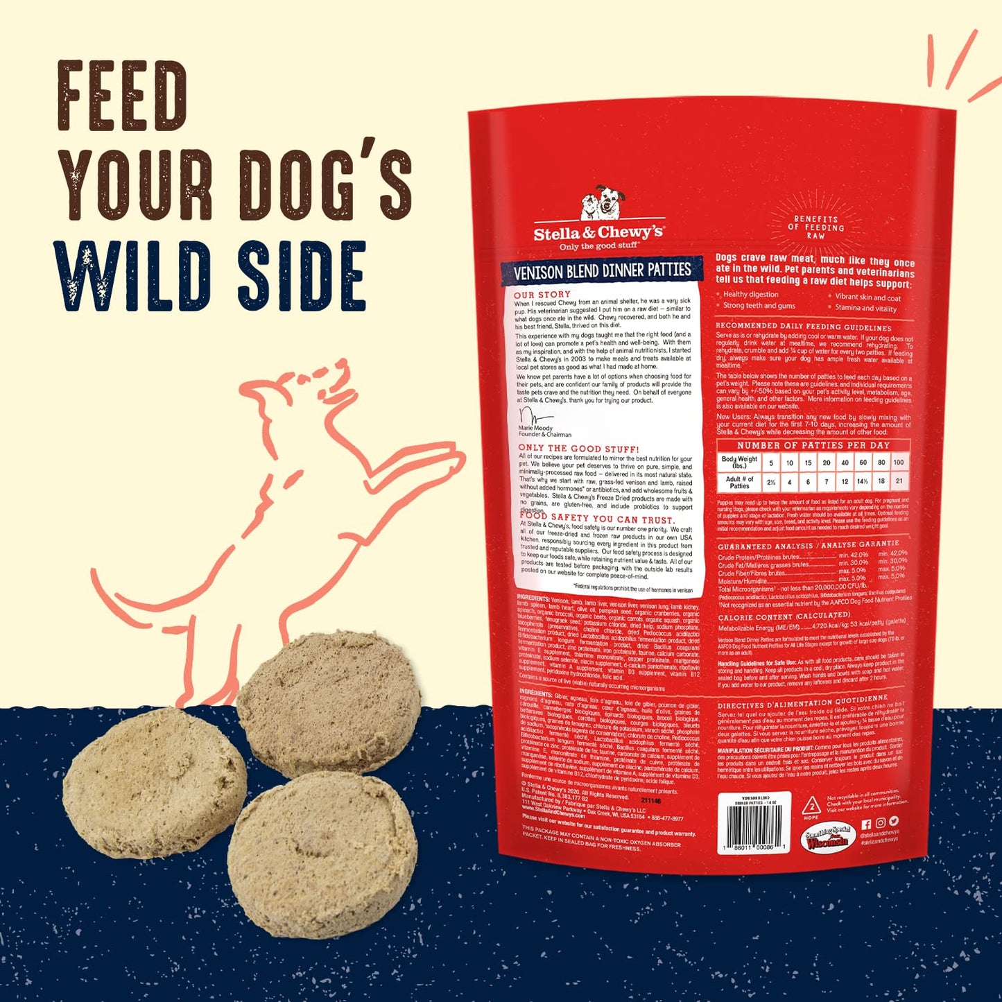 Stella & Chewy's Freeze Dried Raw Dinner Patties – Grain Free Dog Food, Protein Rich Venison Blend Recipe – 5.5 oz Bag