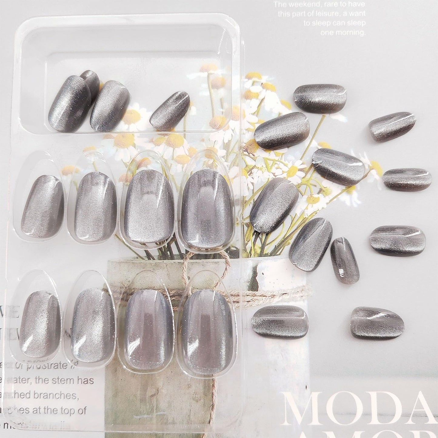 Press on Nails Short Oval Acrylic Nails Press ons False Nails with Cat Eyes Designs Grey Full Cover Fake Nails Glossy Stick on Nails for Women 24 Pcs