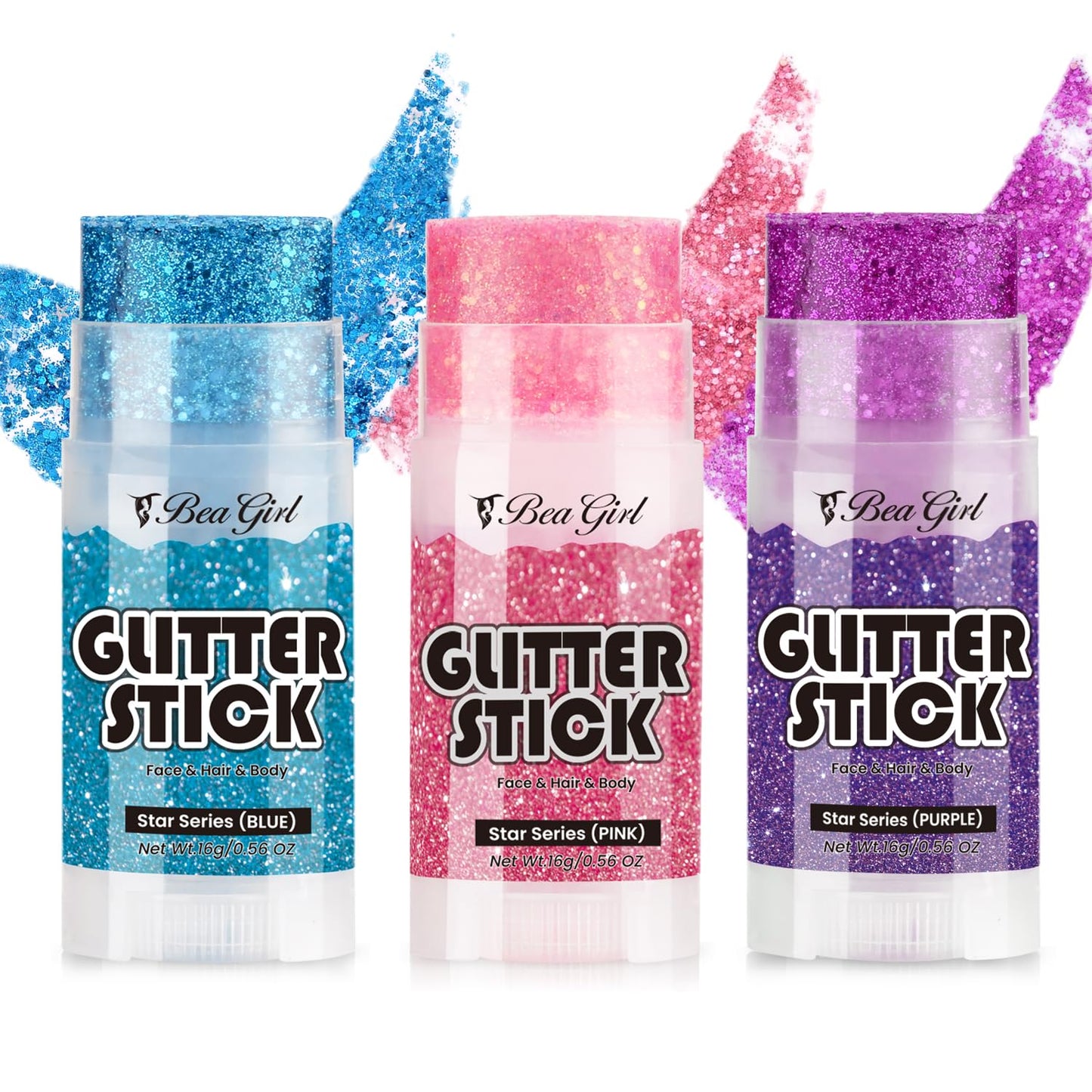 Beagirl Body Glitter Stick Set, Rainbow Face Glitter, Festival Glitter, Cosmetic Glitter - Chunky Glitter for Face, Lips, Eyes, Hair, Party – 3pc Pink Star Glitter, Blue Glitter, Sequin Purple Glitter