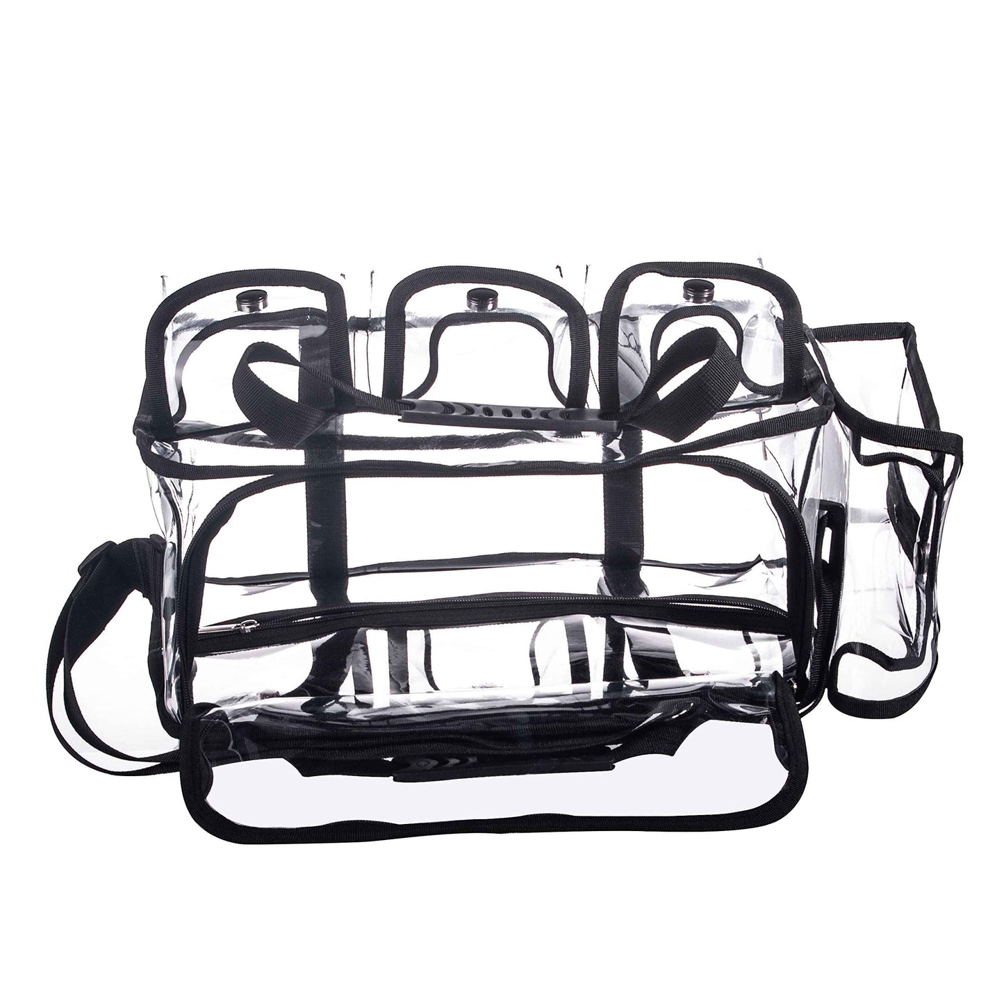 Wide Open Large Professional Clear PVC Travel Makeup Artist Set Bag Cosmetic Nails Beauty Bags Transparent Vinyl Tool Organizer Beach Bags Diaper Bag with 6 External Pockets & Strap (Black)