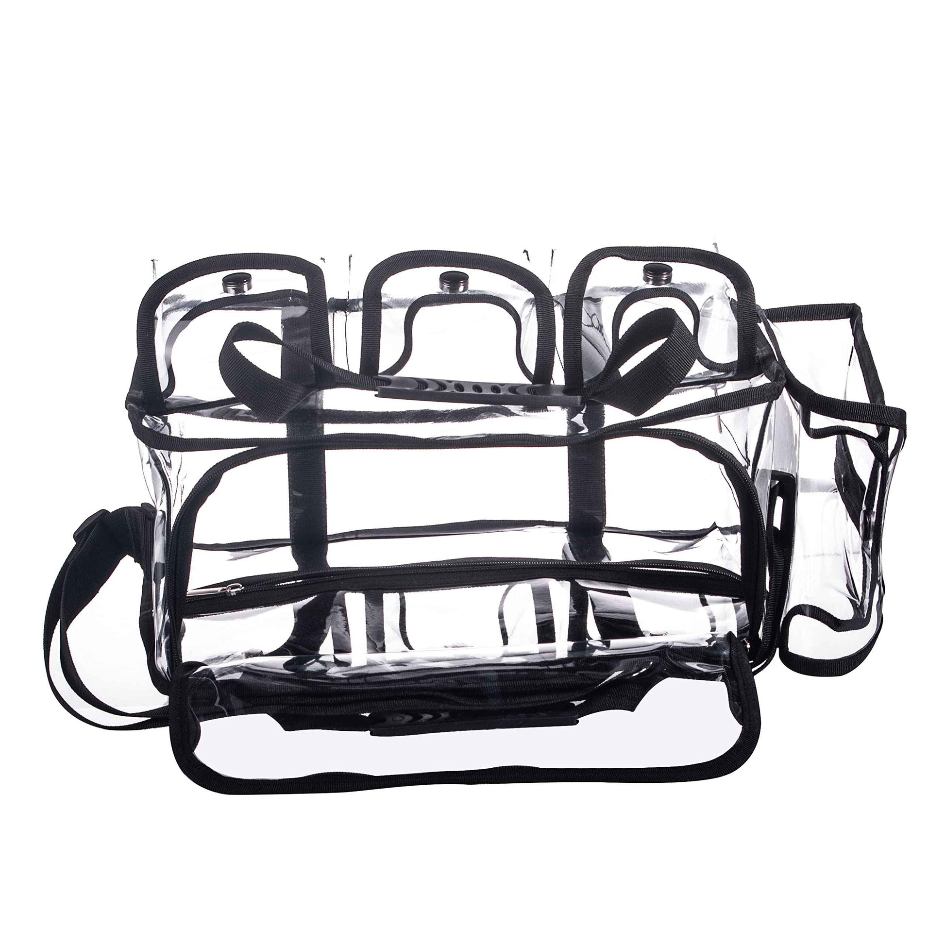 Wide Open Large Professional Clear PVC Travel Makeup Artist Set Bag Cosmetic Nails Beauty Bags Transparent Vinyl Tool Organizer Beach Bags Diaper Bag with 6 External Pockets & Strap (Black)