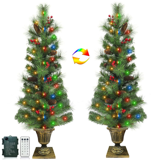 2 Pack 3Ft Douglas Fir Potted Christmas Entrance Tree with Warm White & Multcolor Changing Lights 12 Modes Timer Remote, Gold Urn Base Big Pinecone Red Berries, Outdoor Xmas Tree Porch Entryway Decor