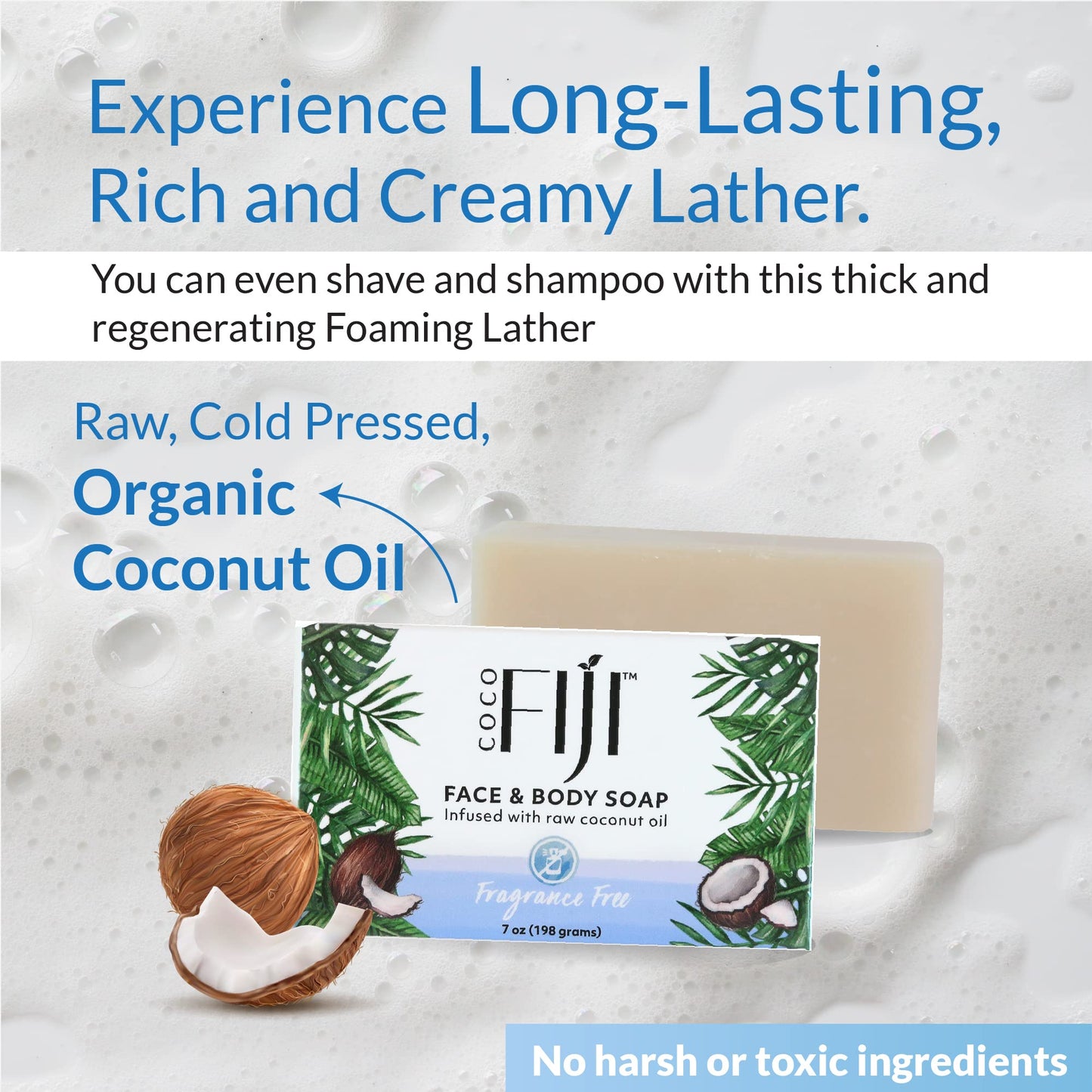 "Coco Fiji Soap Bar for Face and Body Infused With Organic Coconut Oil, Fragrance Free, Essential Oil, Natural Soap for Moisturizing & Pore Purifying Skin, 7 oz, Pack Of 3 "