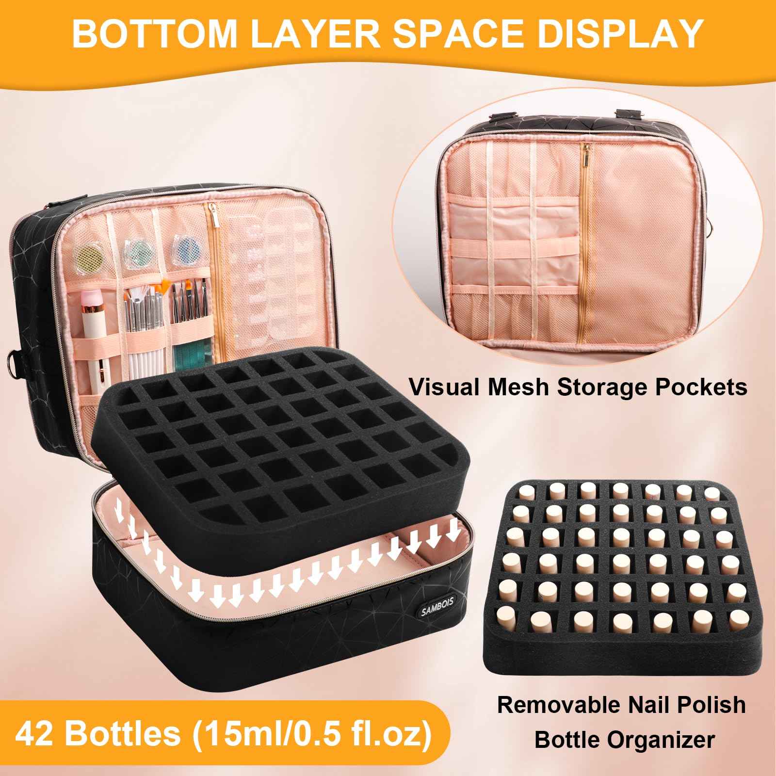 Sambois Nail Polish Organizer Bag Holds 84 Bottles (15ml/0.5 fl.oz)& Nail Lamp, PU Leather Nail Supplies Organizer with Holder& Shoulder Strap, Portable Travel Nail Kit Storage Carrying Case (Black)