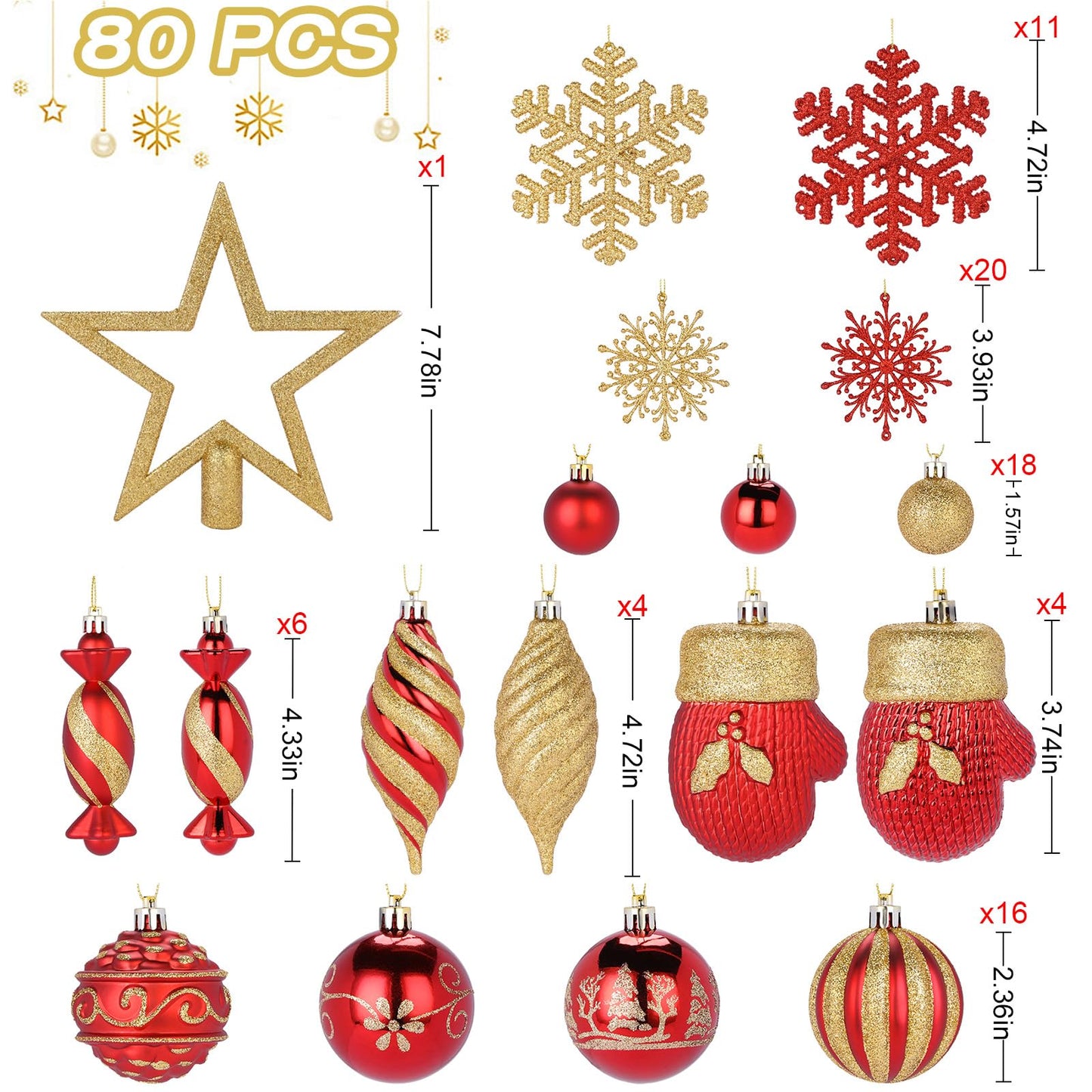 Alupssuc 80pcs Christmas Balls Ornaments Set, Shatterproof Plastic Baubles Christmas Pendant for Xmas Tree, Holiday Wedding Party Decoration with Lanyards Included, Red & Gold