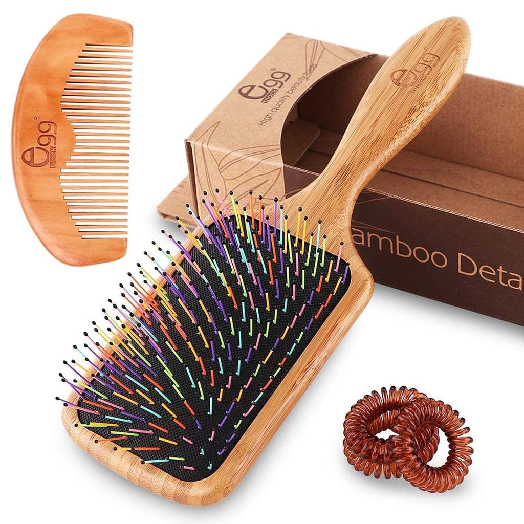 BLACK EGG Boar Bristle Hair Brush for Women Men Kid, Soft Natural Bristles Brush for Thin and Fine Hair, Restore Shine and Texture, Set includes Bamboo comb and 3 hair ties