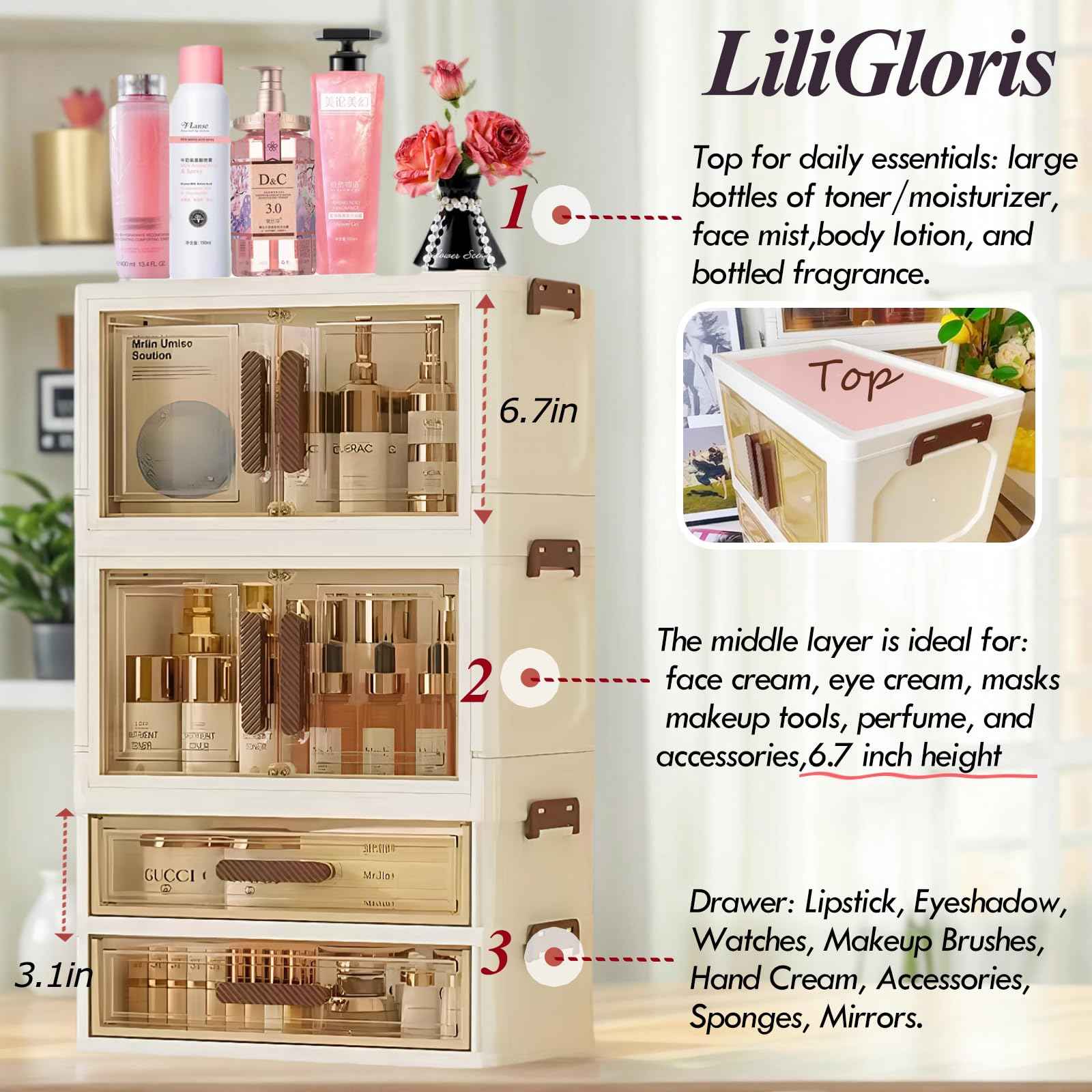 A stackable desktop organizer with drawers and compartments, ideal for storing cosmetics, beauty tools, jewelry, and school supplies in a student dorm. Features a convenient magnetic door handle.