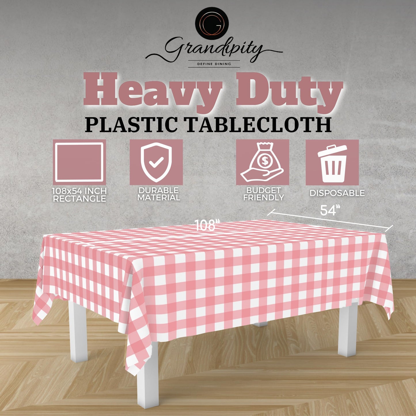 Grandipity Pink Checkered Gingham 12 Pack Premium Disposable Plastic Tablecloth 54 Inch. x 108 Inch. Decorative Rectangle Table Cover