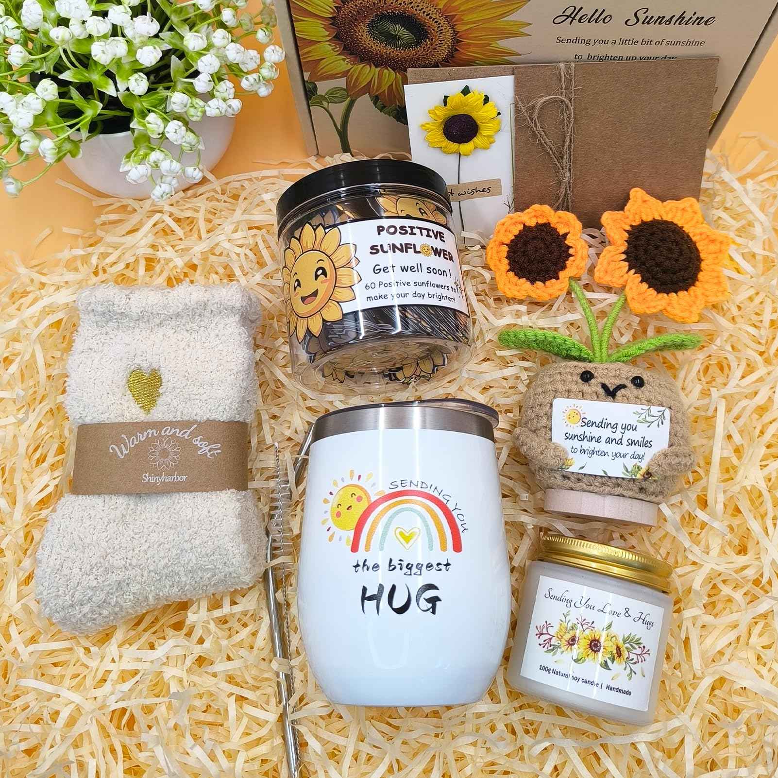 Sunshine Box - Sunflower Get Well Soon Gift Baskets for Women Girls - Ideal Care Package for Wife, New Moms,Sisters, Friends, People with Depression Mastectomy Post-surgery Recovery