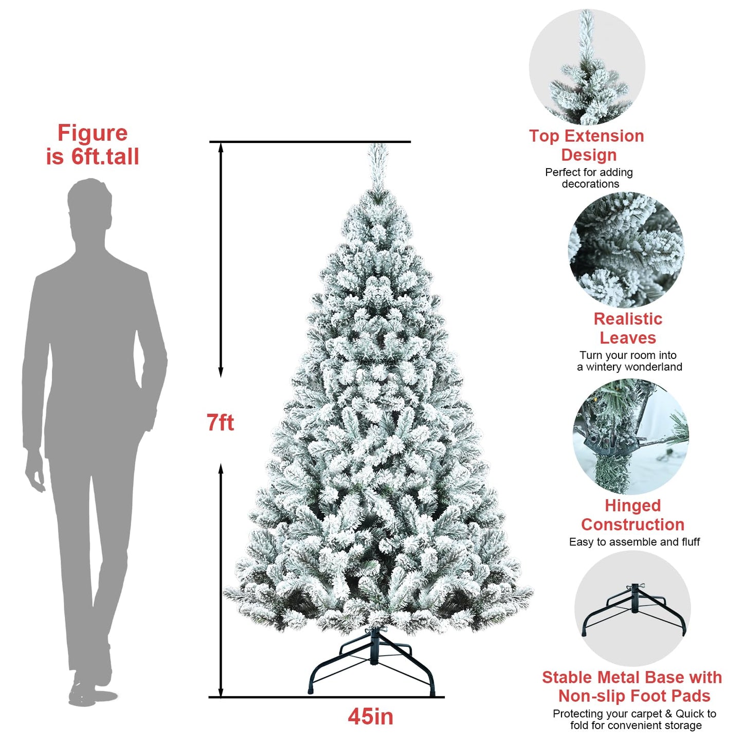 Kadunmina 7ft Snow Flocked Artificial Christmas Tree Unlit Snowy Pine Tree for Home Office Holiday Indoor Outdoor Decoration Flocked Spruce Full Tree with 1064 Branch Tips, Metal Hinges & Base