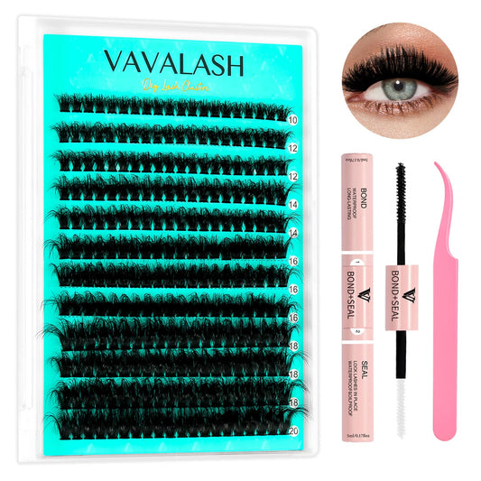 VAVALASH Lash Clusters Kit 60D 10-20mm Cluster Lashes Wispy Volume Individual Lashes, Lash Bond and Seal Glue, Lash Tweezer for DIY Lash Extension at Home (60D-10-20MIX-KIT)