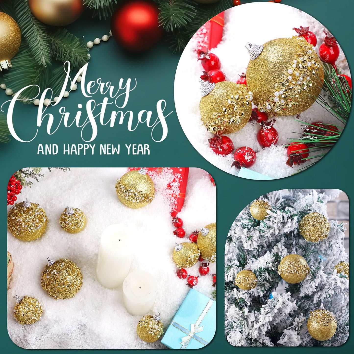 Poen 24 Pcs Glitter Christmas Ball Ornaments Set Christmas Tree Ornaments Hanging Sequin Foam Christmas Balls Decoration for Xmas Tree Wreath Garland Christmas Home Decor Wedding Party(Gold)